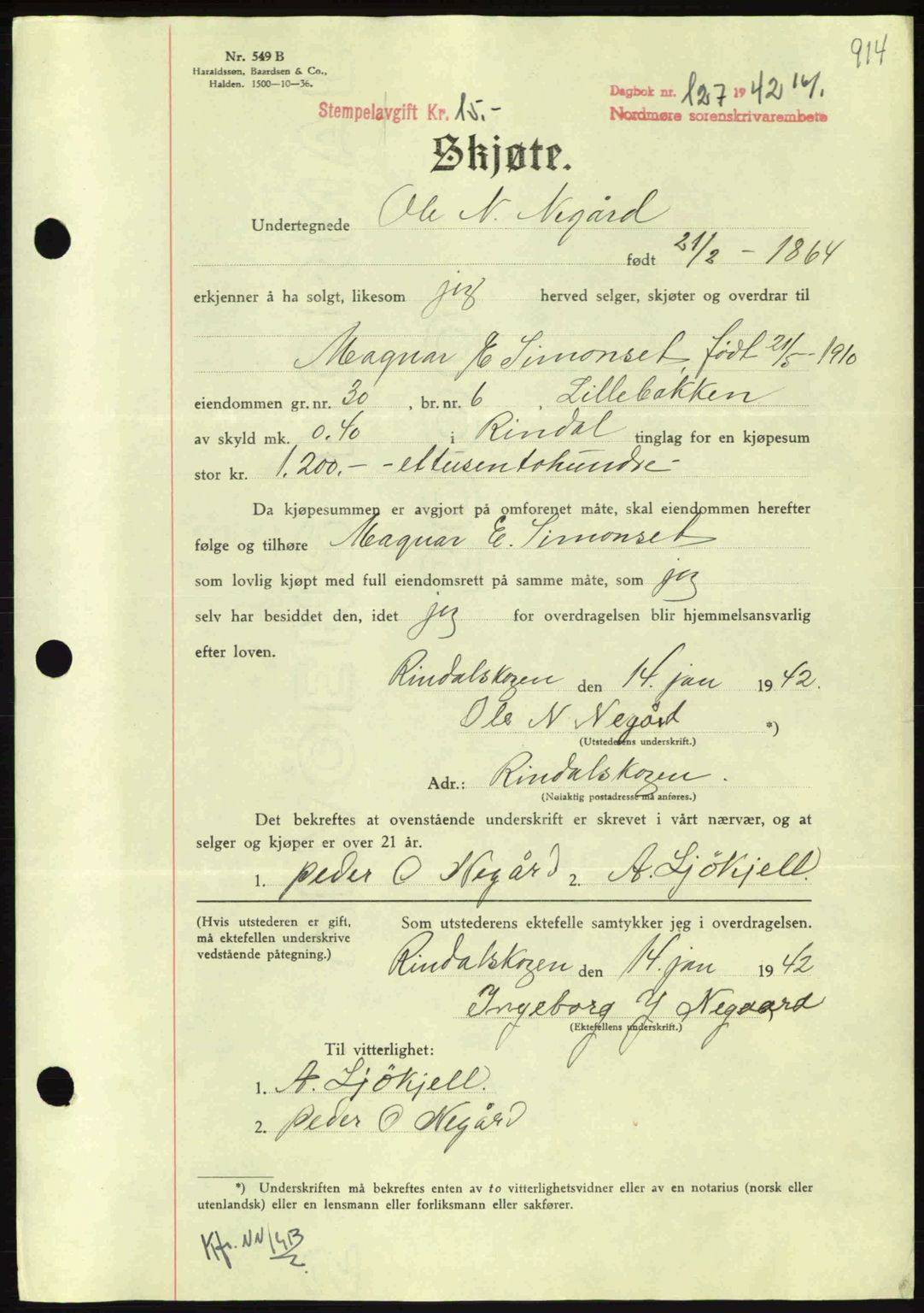 Nordmøre sorenskriveri, AV/SAT-A-4132/1/2/2Ca: Mortgage book no. A91, 1941-1942, Diary no: : 127/1942