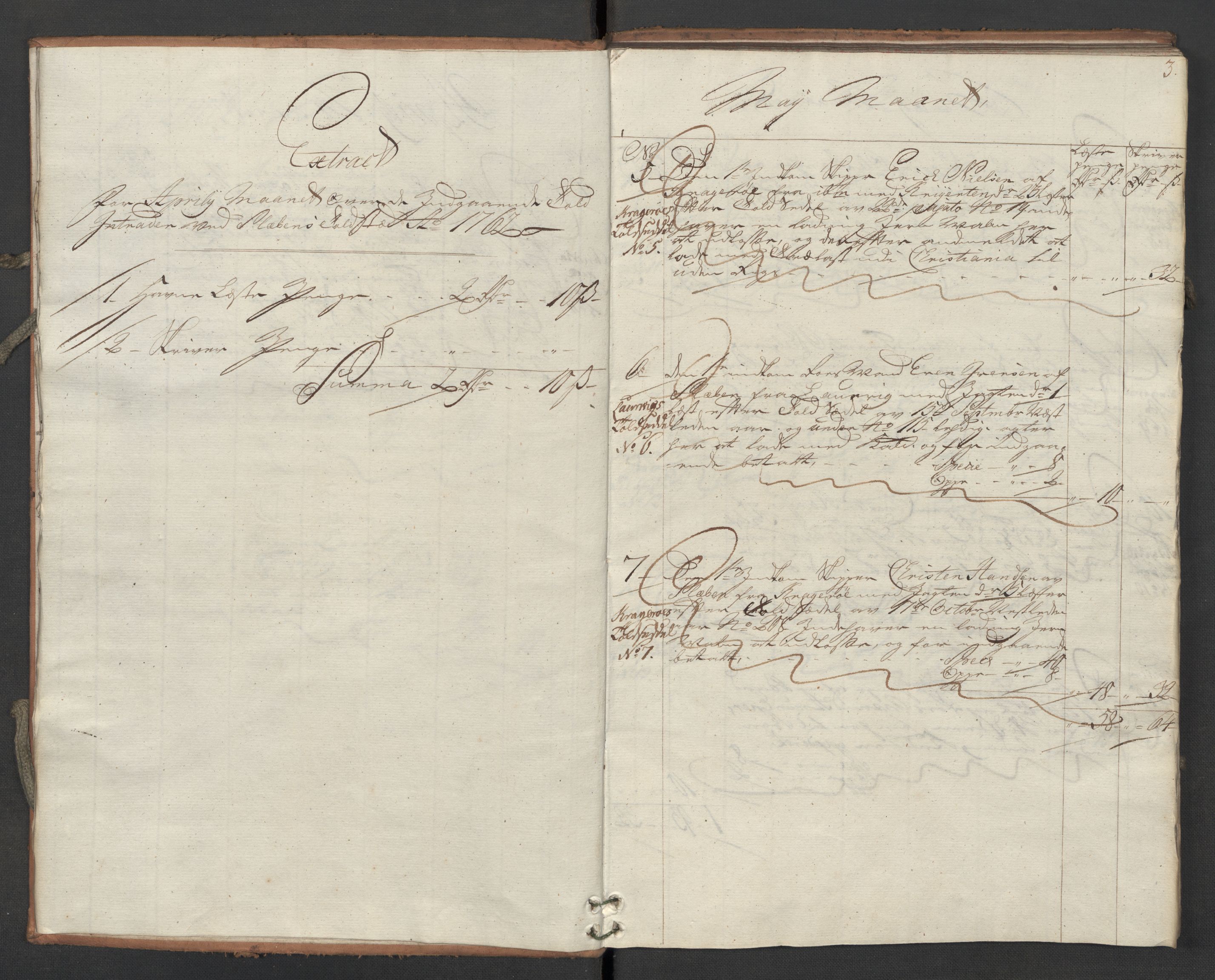 Generaltollkammeret, tollregnskaper, AV/RA-EA-5490/R06/L0062/0002: Tollregnskaper Kristiania / Inngående hovedtollbok Slependen, 1762, p. 2b-3a