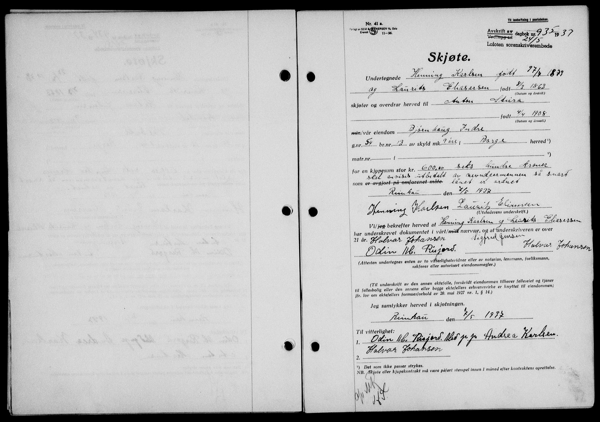 Lofoten sorenskriveri, SAT/A-0017/1/2/2C/L0002a: Mortgage book no. 2a, 1937-1937, Diary no: : 935/1937