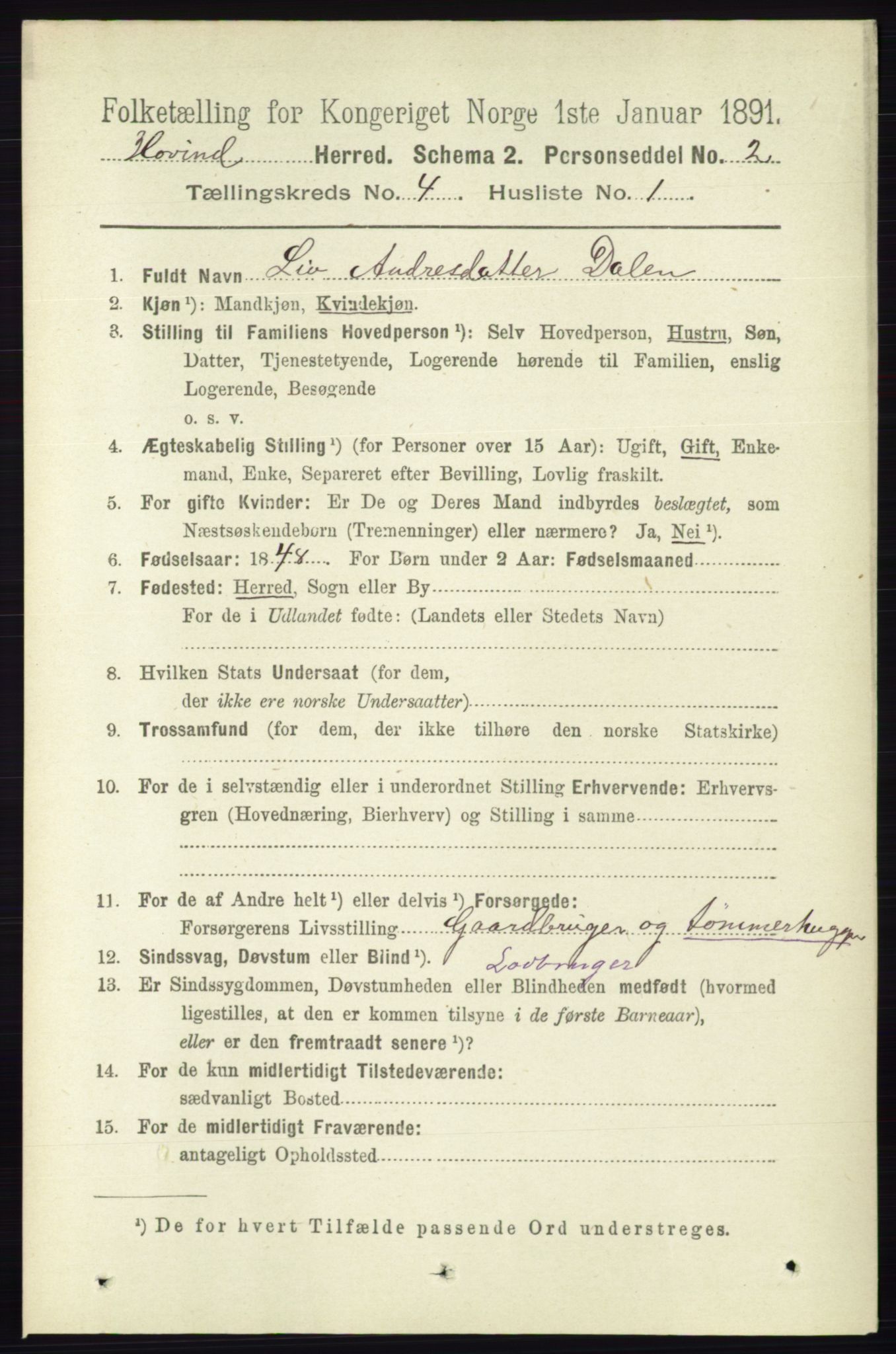 RA, 1891 census for 0825 Hovin, 1891, p. 813