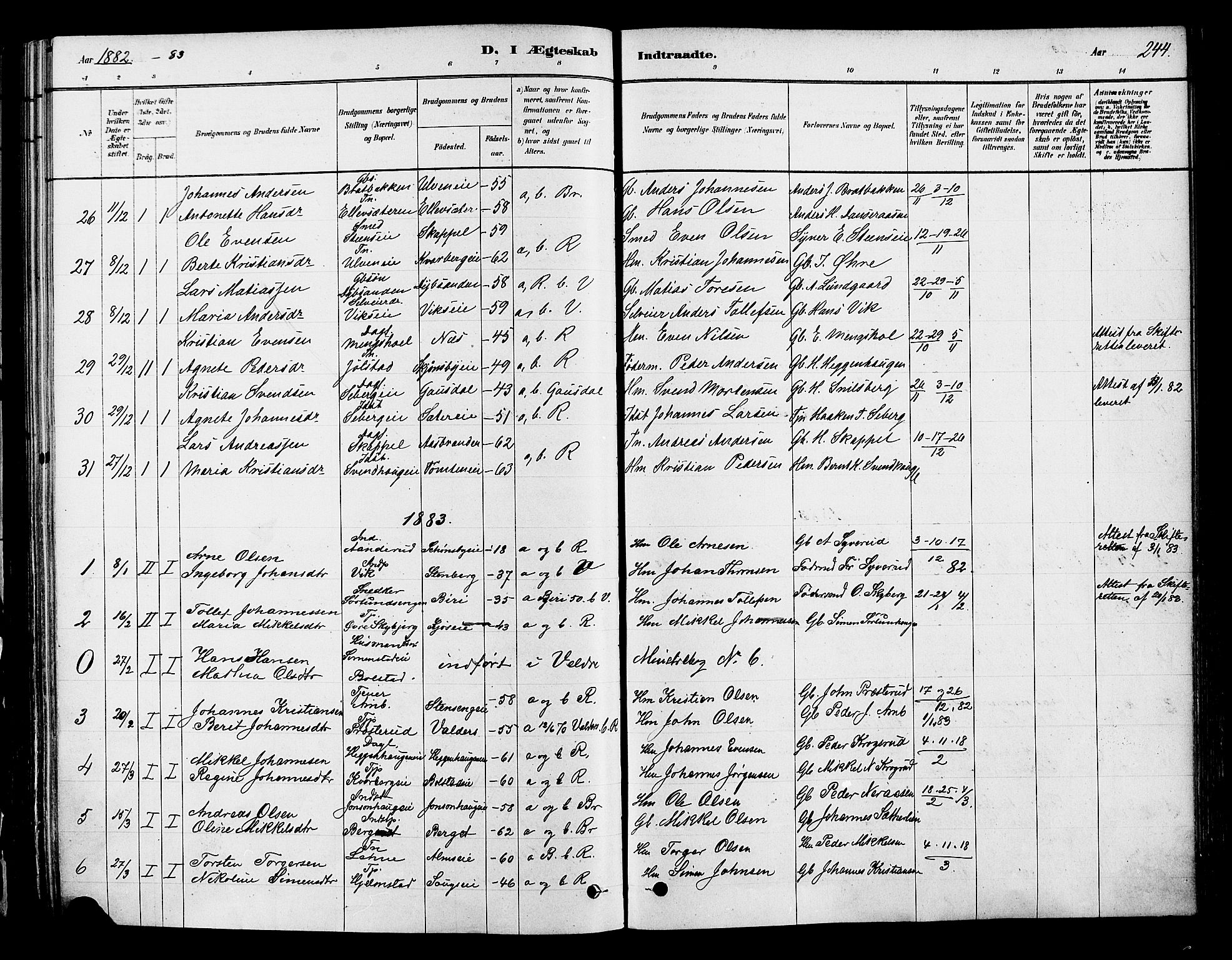 Ringsaker prestekontor, AV/SAH-PREST-014/K/Ka/L0012: Parish register (official) no. 12, 1879-1890, p. 244