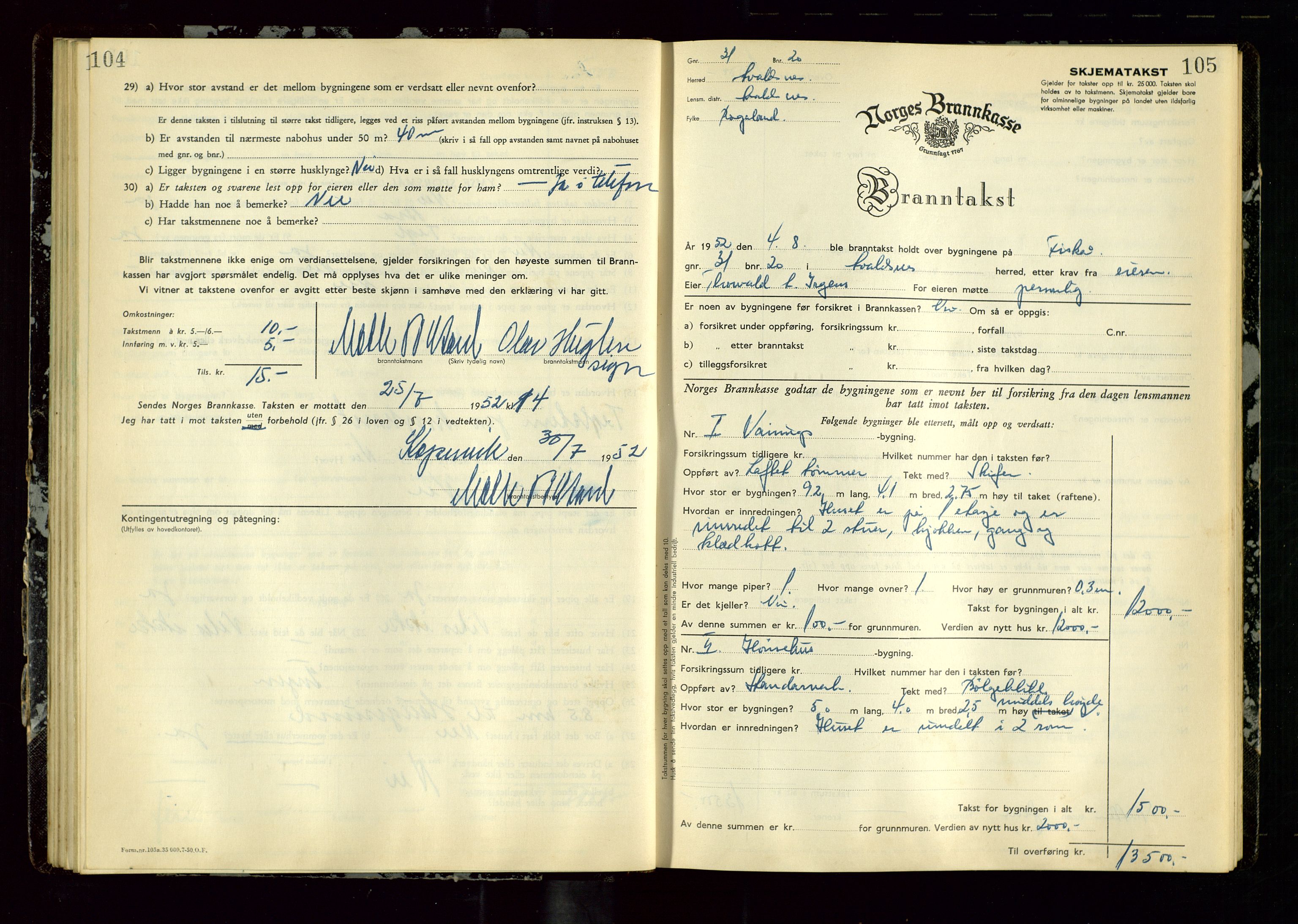 Avaldsnes lensmannskontor, AV/SAST-A-100286/Gob/L0003: "Branntakstprotokoll for Avaldsnes lensmannsdistrikt ", 1950-1952, p. 104-105