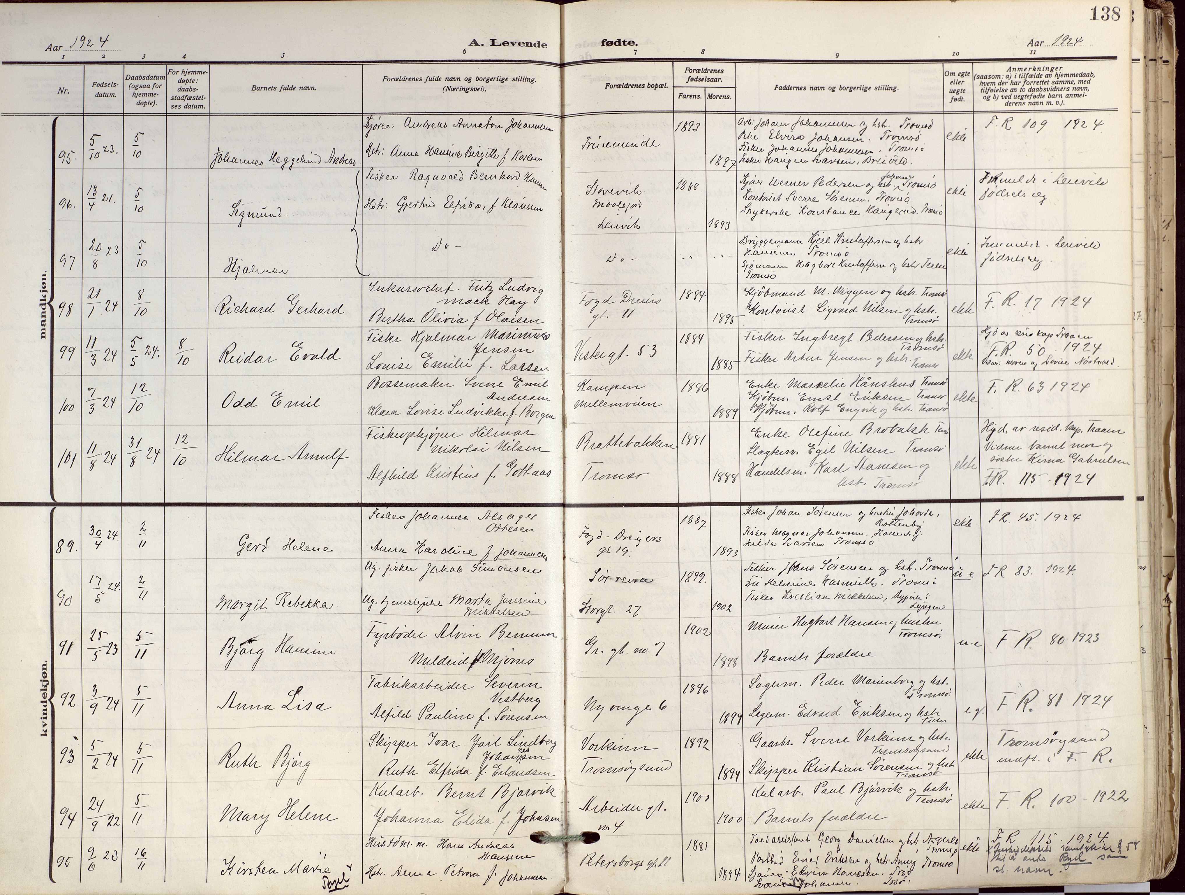 Tromsø sokneprestkontor/stiftsprosti/domprosti, SATØ/S-1343/G/Ga/L0019kirke: Parish register (official) no. 19, 1917-1927, p. 138