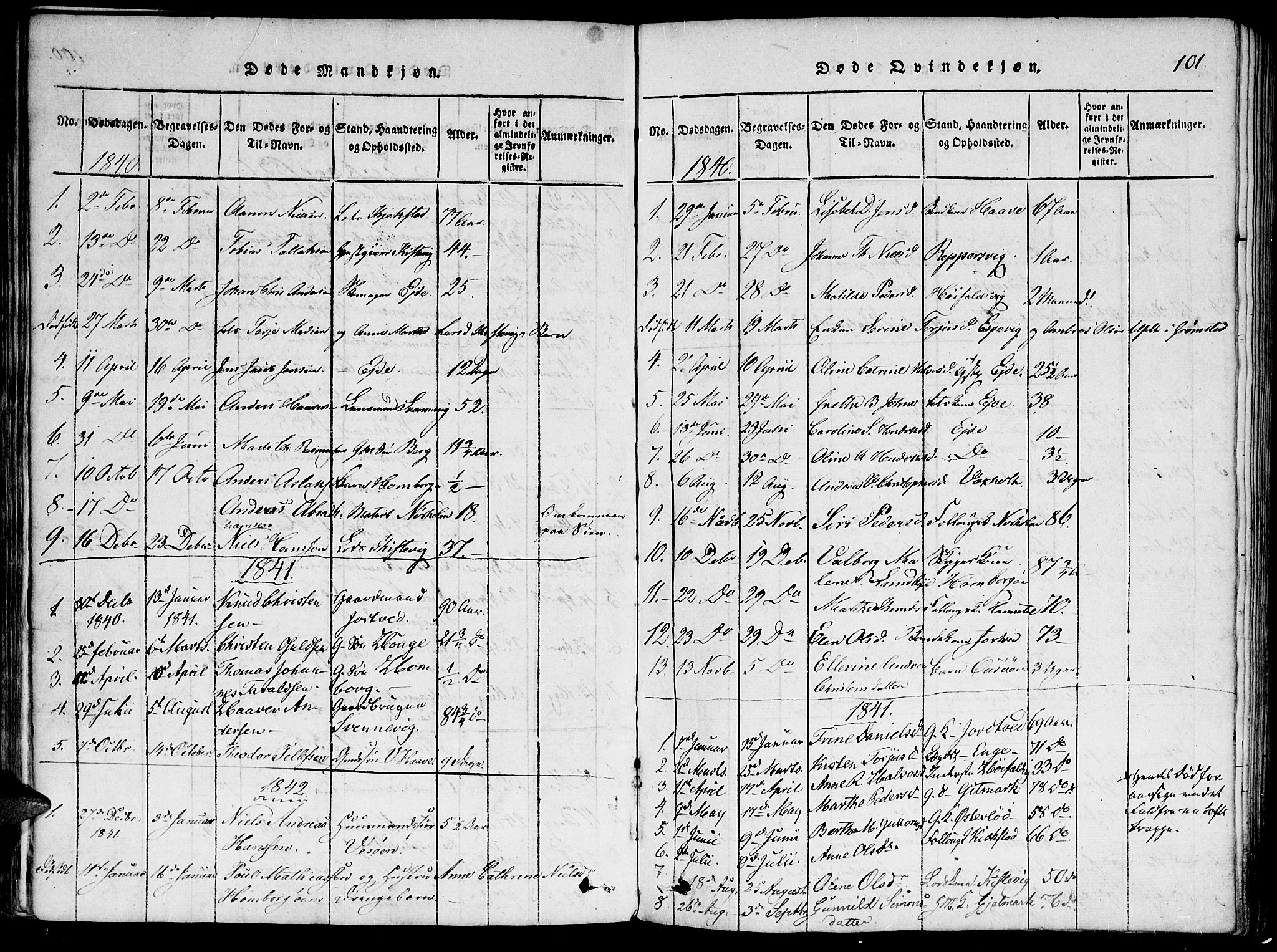 Hommedal sokneprestkontor, AV/SAK-1111-0023/F/Fa/Faa/L0001: Parish register (official) no. A 1, 1816-1860, p. 101