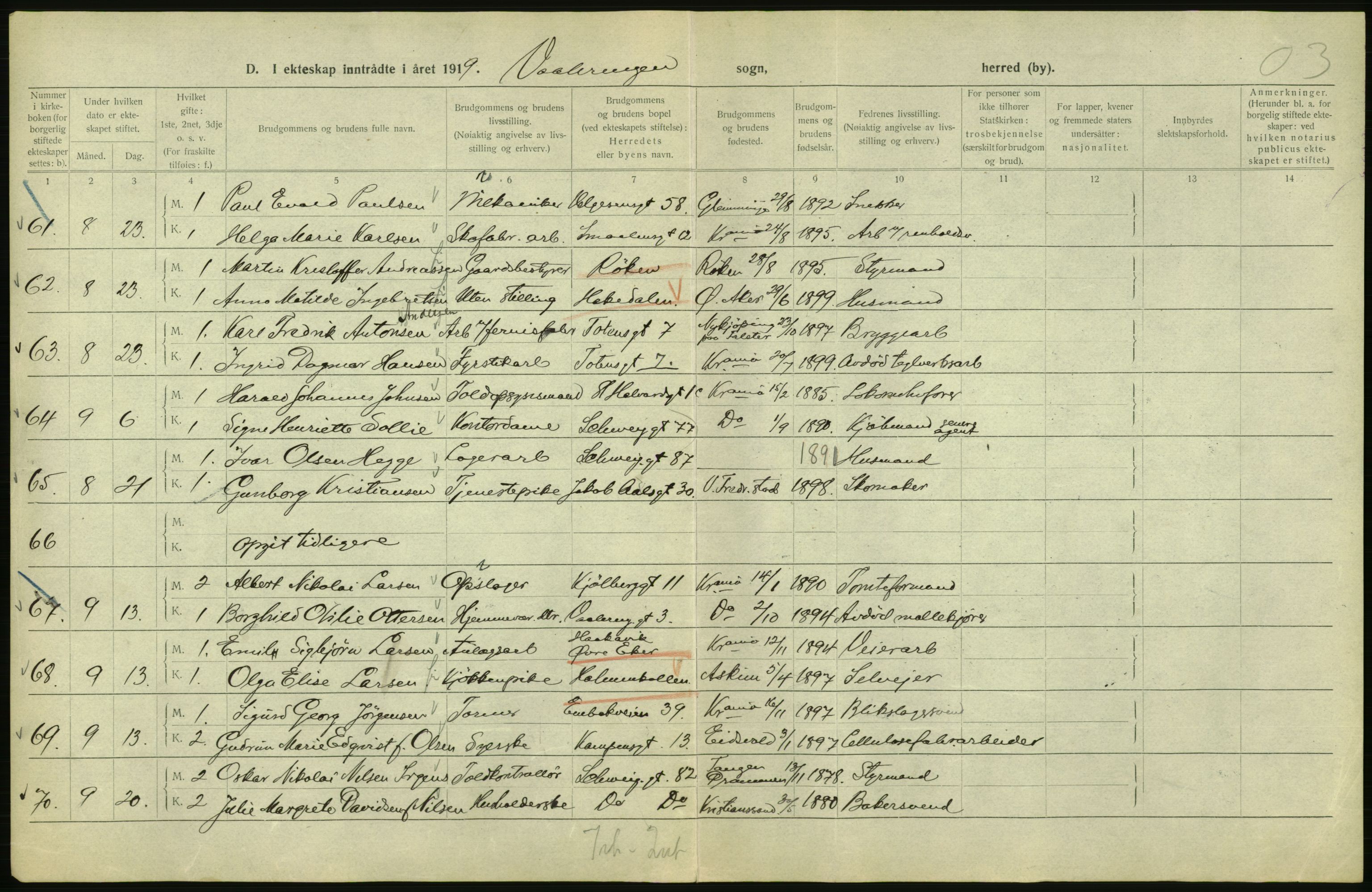 Statistisk sentralbyrå, Sosiodemografiske emner, Befolkning, AV/RA-S-2228/D/Df/Dfb/Dfbi/L0009: Kristiania: Gifte, 1919, p. 816