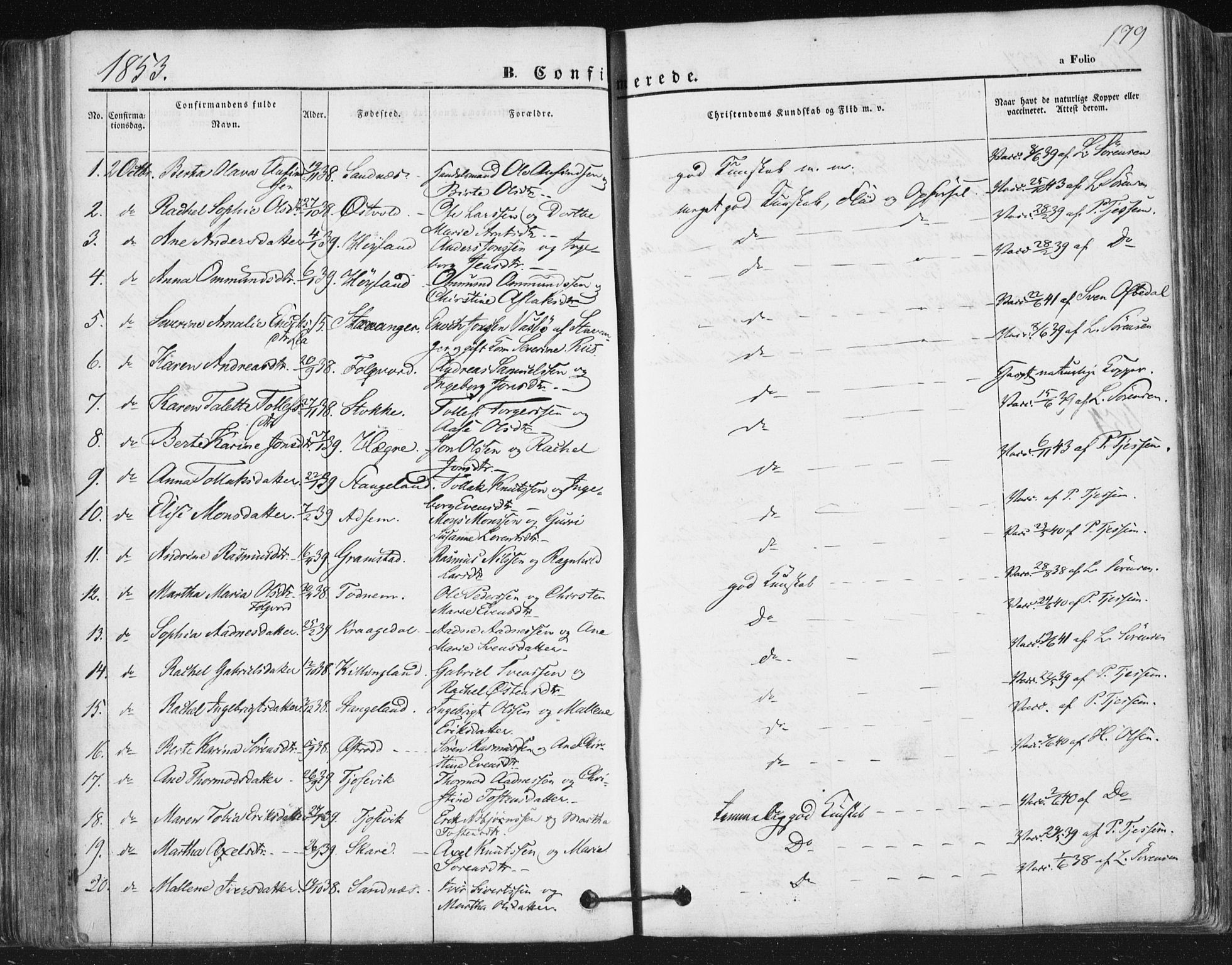 Høyland sokneprestkontor, AV/SAST-A-101799/001/30BA/L0008: Parish register (official) no. A 8, 1841-1856, p. 179