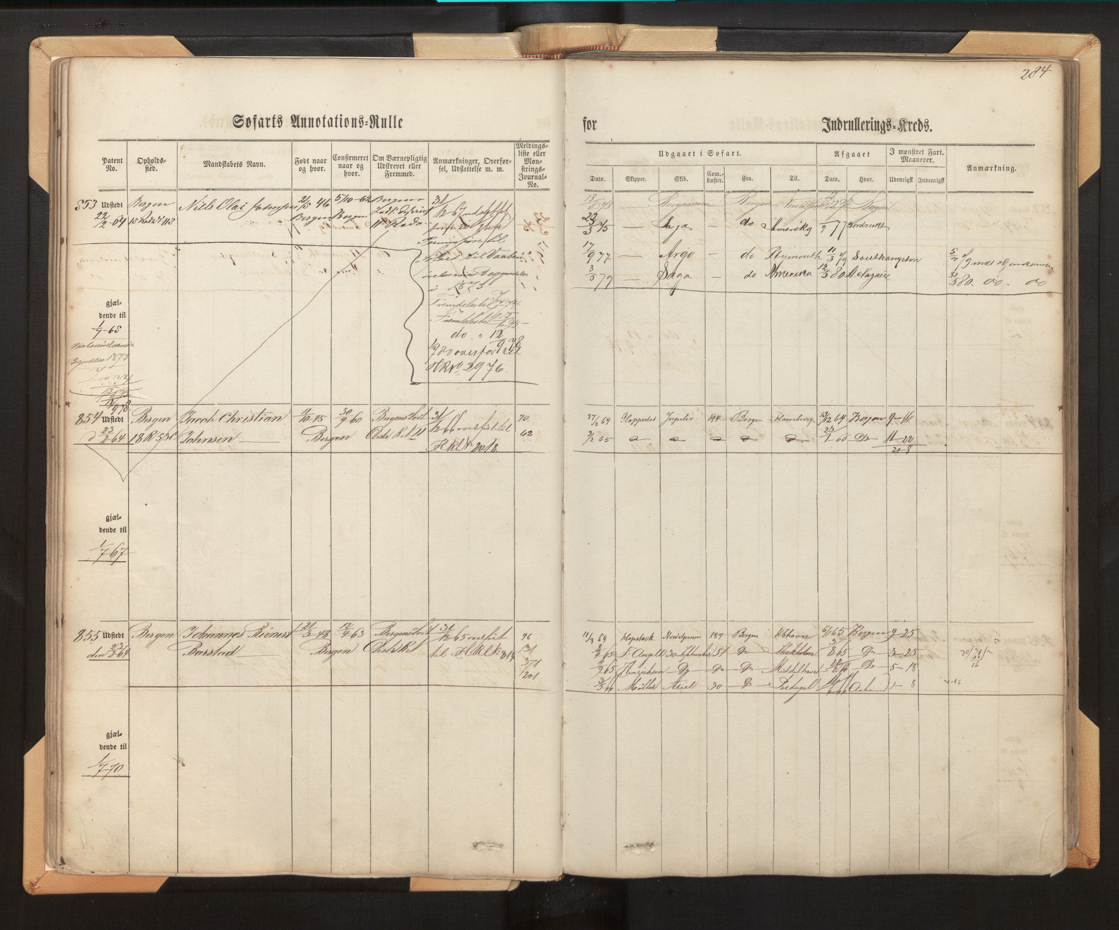 Innrulleringssjefen i Bergen, AV/SAB-A-100050/F/Fh/L0006: Sjøfarts- og annotasjonsrulle for Bergen krets, fol. 239 - ut, 1860-1867, p. 284