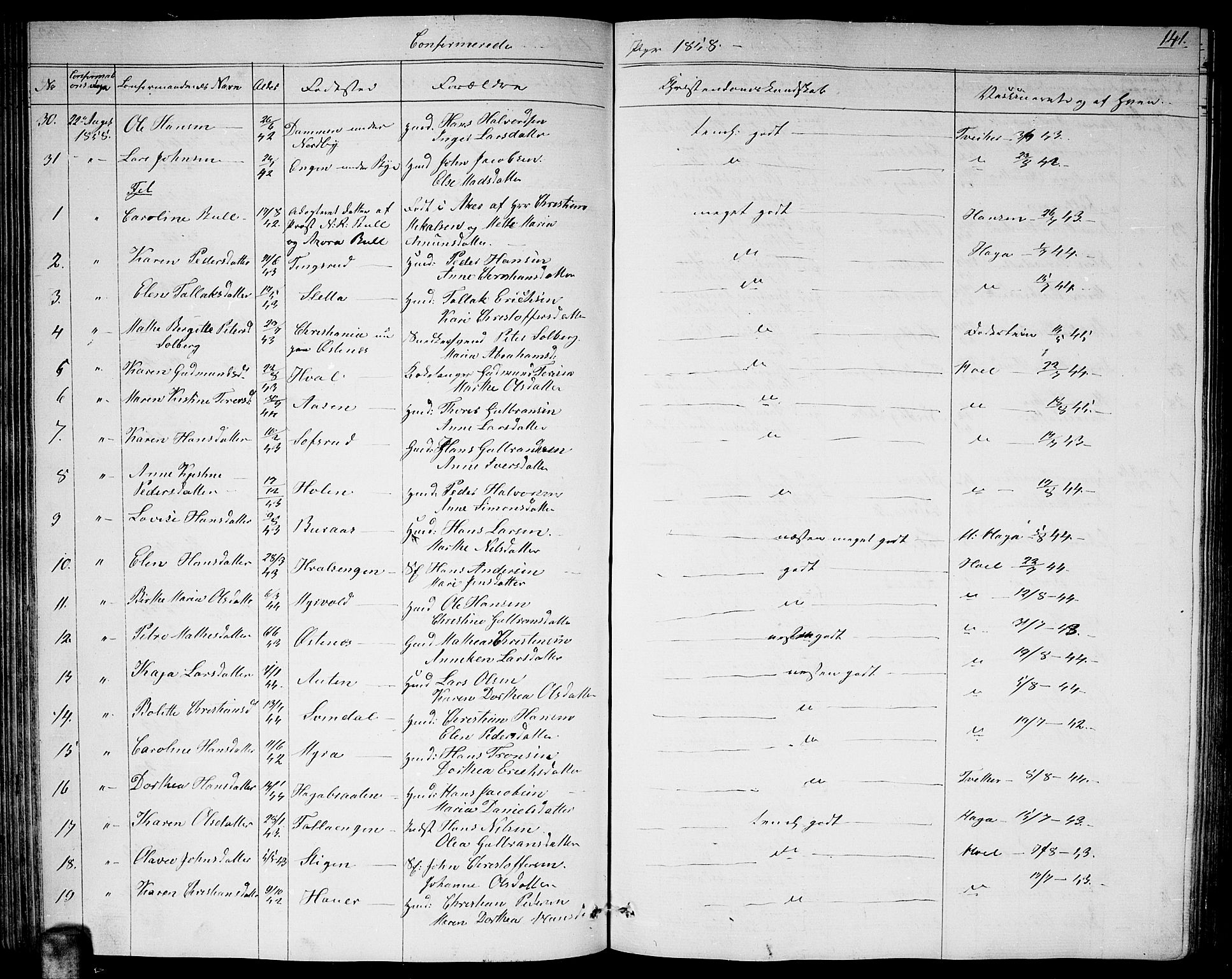 Fet prestekontor Kirkebøker, AV/SAO-A-10370a/G/Ga/L0002: Parish register (copy) no. I 2, 1843-1859, p. 141