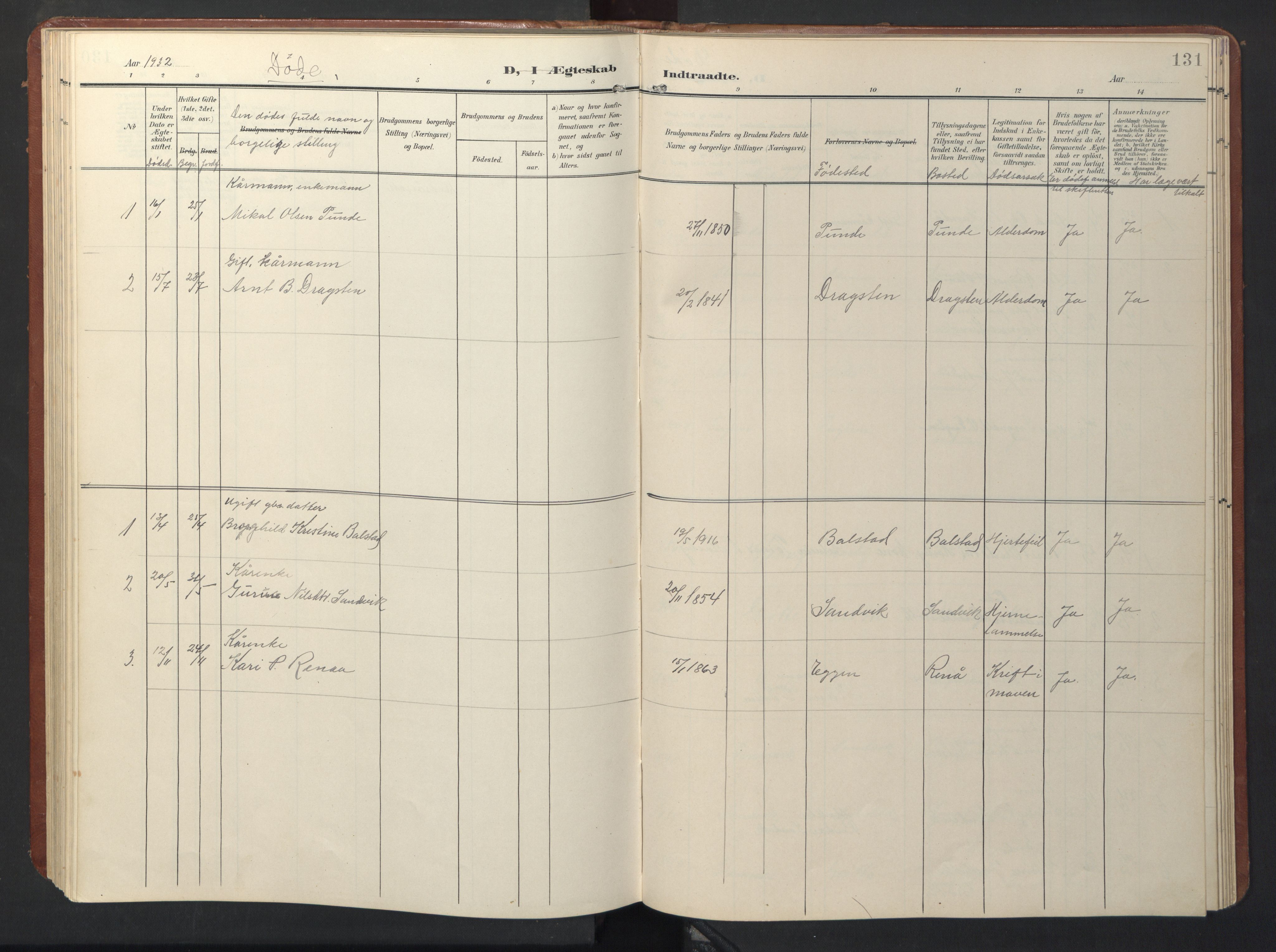 Ministerialprotokoller, klokkerbøker og fødselsregistre - Sør-Trøndelag, SAT/A-1456/696/L1161: Parish register (copy) no. 696C01, 1902-1950, p. 131