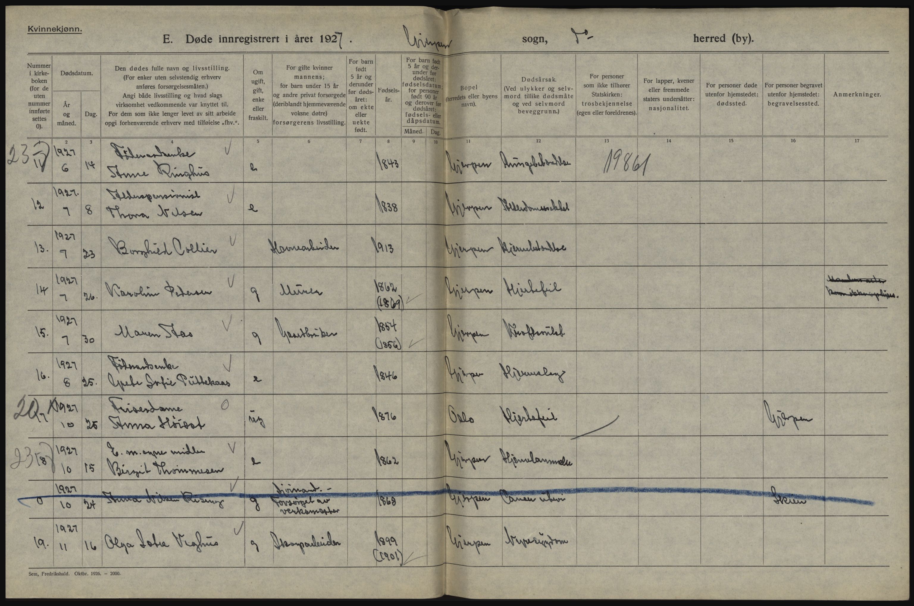 Statistisk sentralbyrå, Sosiodemografiske emner, Befolkning, AV/RA-S-2228/D/Df/Dfc/Dfcg/L0020: Telemark fylke: Gifte, døde. Bygder og byer., 1927, p. 486