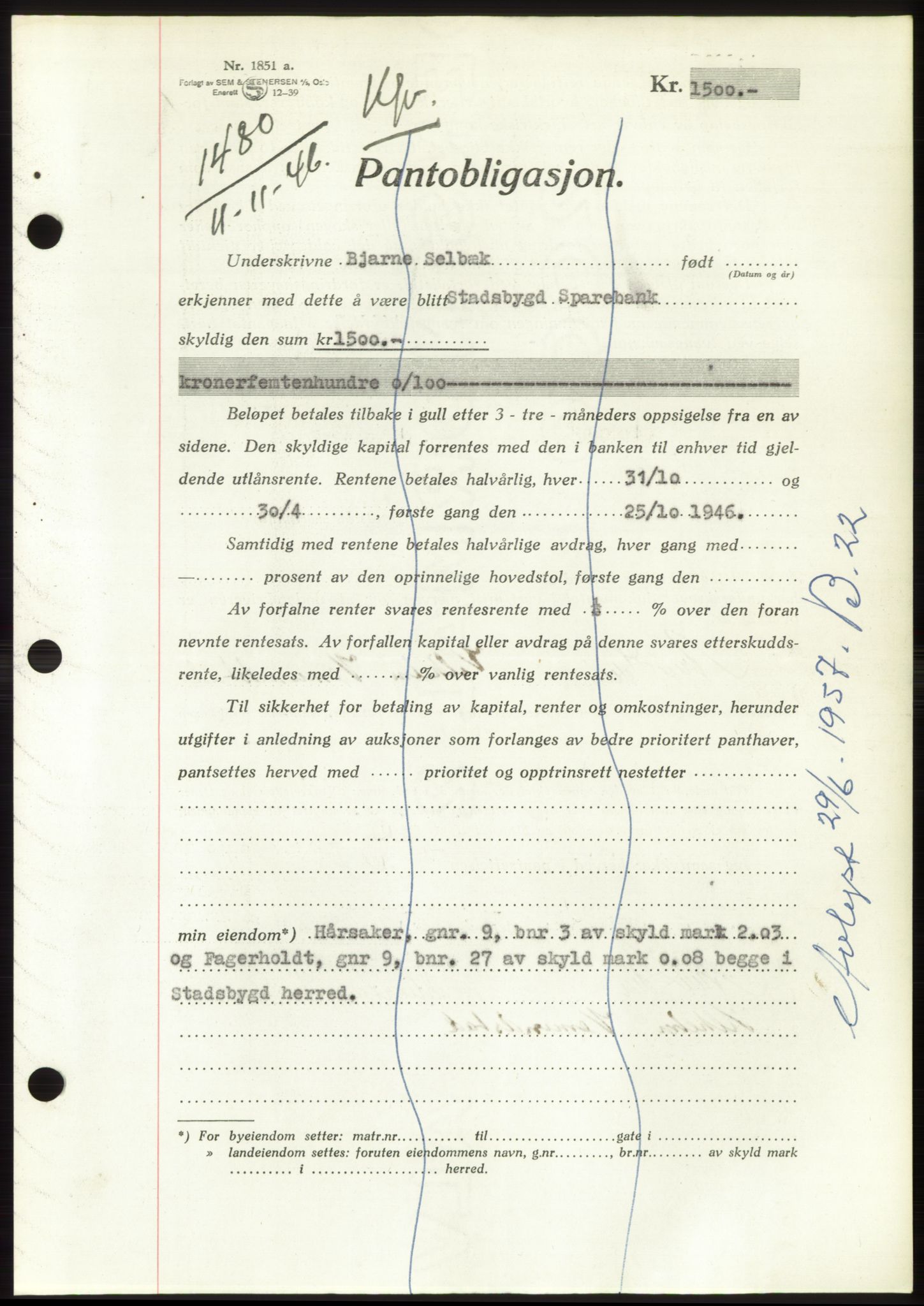 Fosen sorenskriveri, AV/SAT-A-1107/1/2/2C: Mortgage book no. B, 1946-1948, Diary no: : 1480/1946