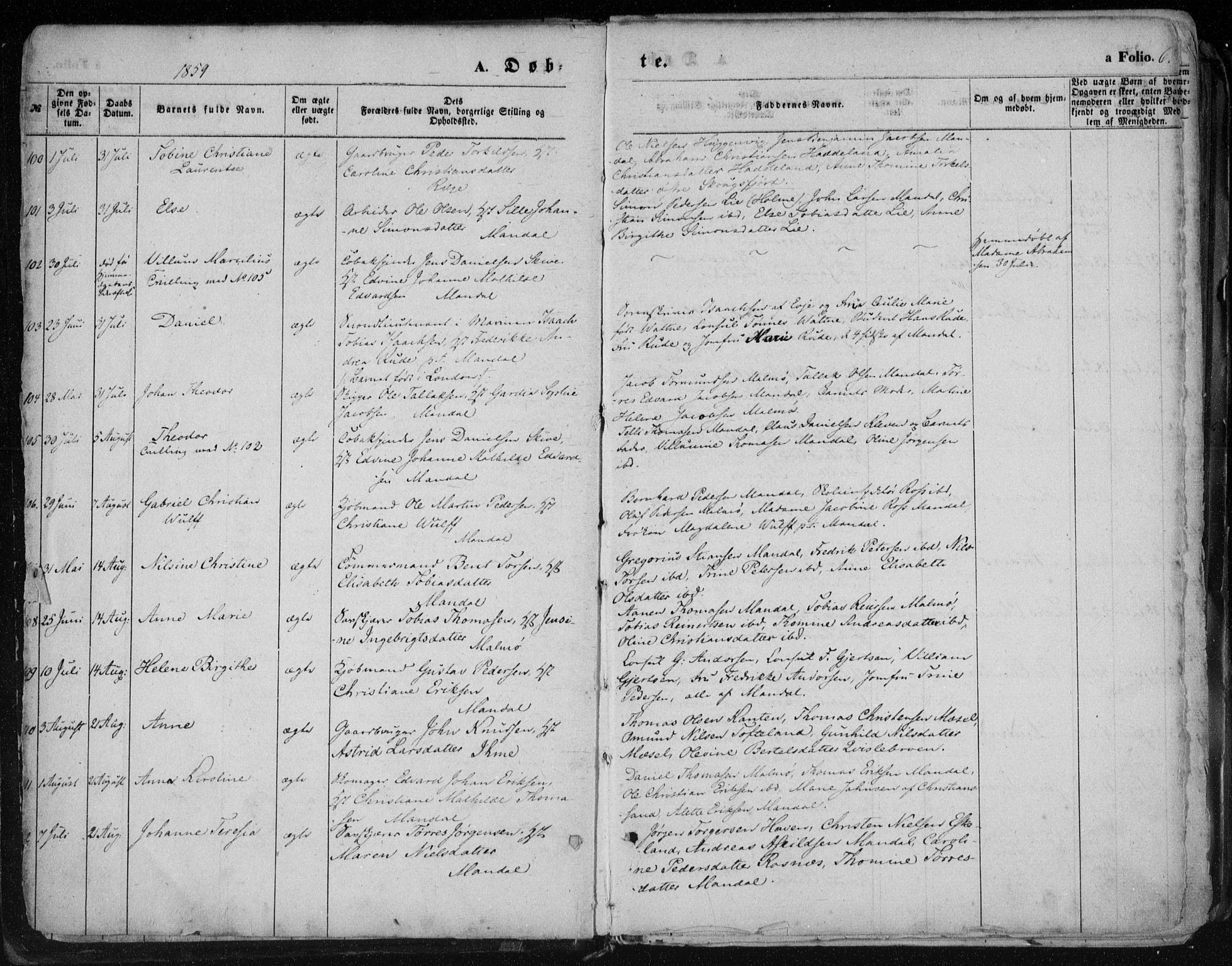 Mandal sokneprestkontor, AV/SAK-1111-0030/F/Fa/Faa/L0014: Parish register (official) no. A 14, 1859-1872, p. 6