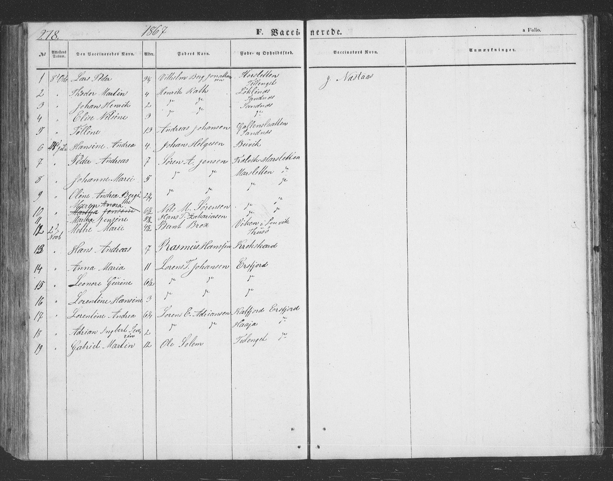 Lenvik sokneprestembete, SATØ/S-1310/H/Ha/Hab/L0020klokker: Parish register (copy) no. 20, 1855-1883, p. 278