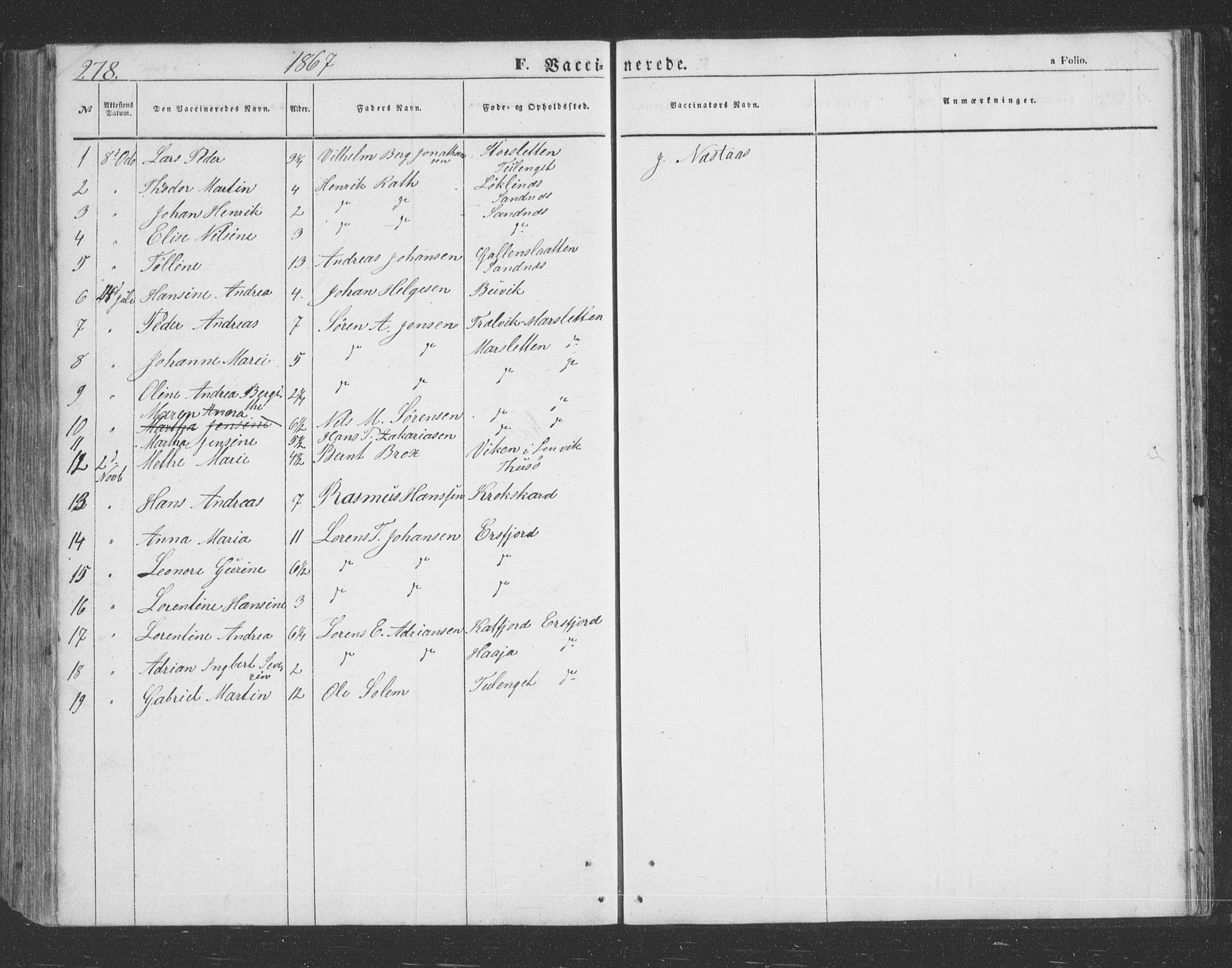 Lenvik sokneprestembete, AV/SATØ-S-1310/H/Ha/Hab/L0020klokker: Parish register (copy) no. 20, 1855-1883, p. 278