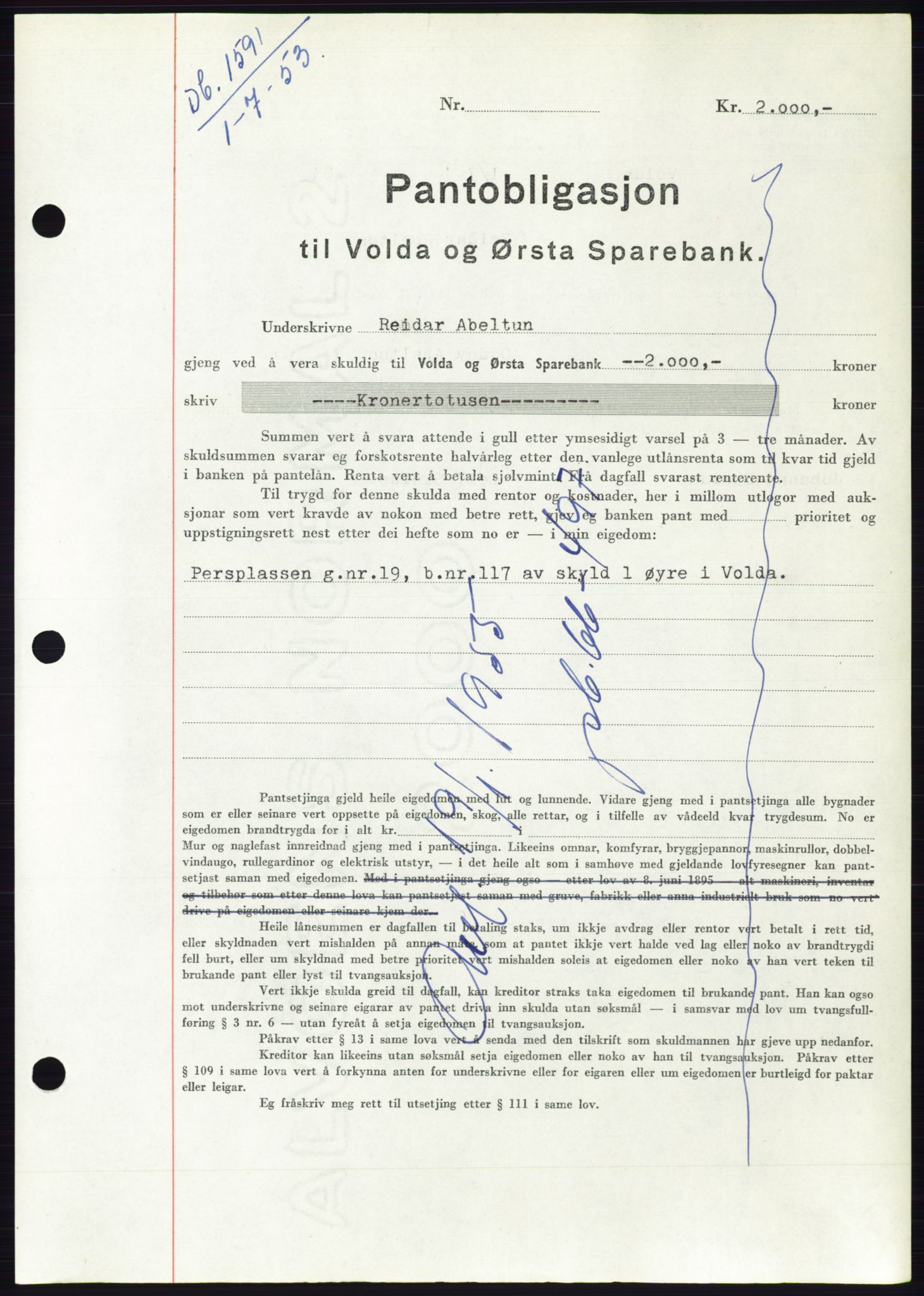 Søre Sunnmøre sorenskriveri, SAT/A-4122/1/2/2C/L0123: Mortgage book no. 11B, 1953-1953, Diary no: : 1591/1953
