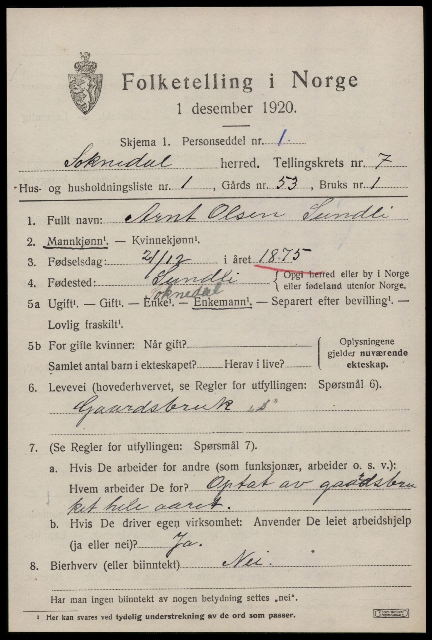 SAT, 1920 census for Soknedal, 1920, p. 3446