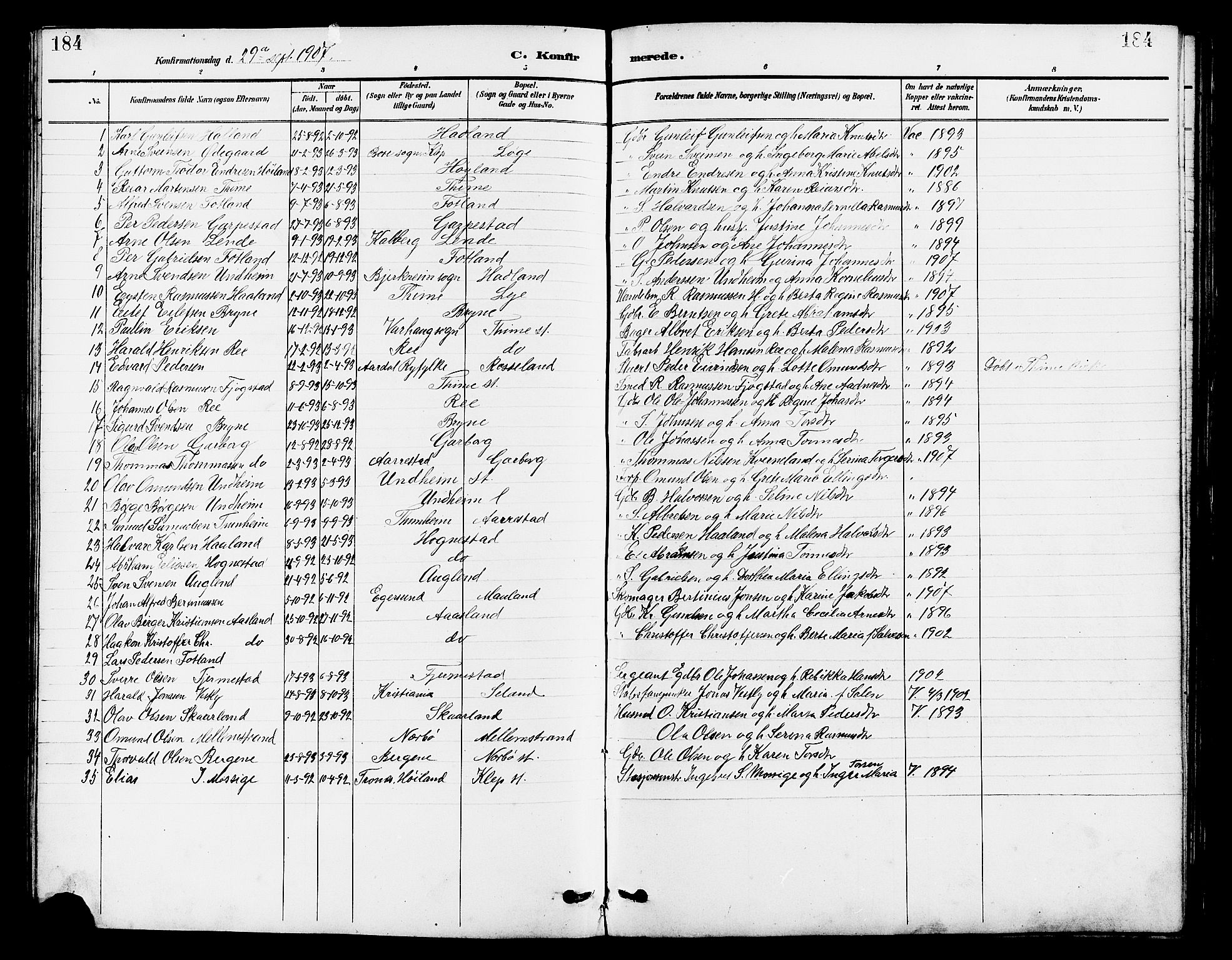 Lye sokneprestkontor, SAST/A-101794/001/30BB/L0007: Parish register (copy) no. B 8, 1889-1909, p. 184