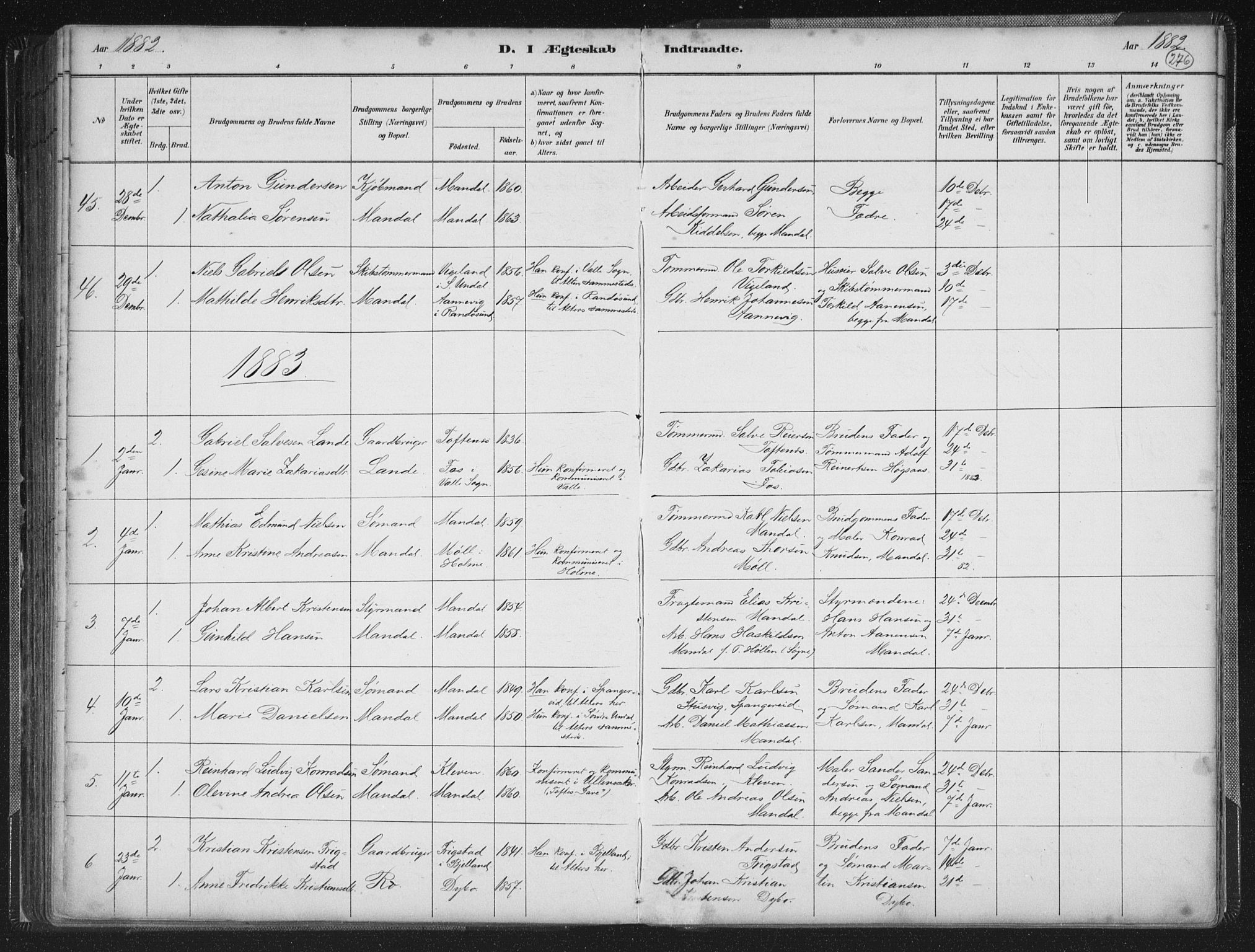 Mandal sokneprestkontor, SAK/1111-0030/F/Fb/Fba/L0011: Parish register (copy) no. B 5, 1880-1898, p. 276