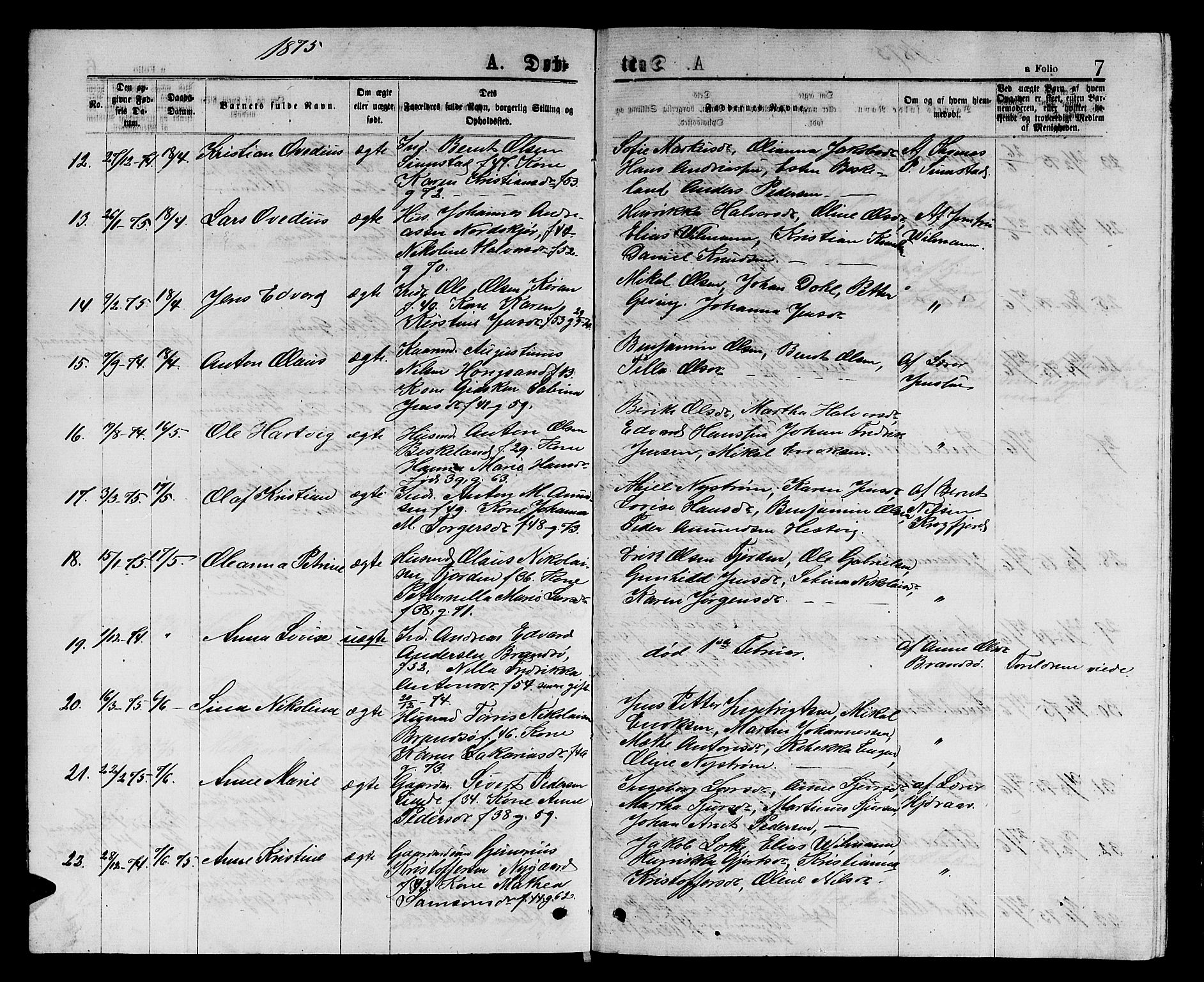 Ministerialprotokoller, klokkerbøker og fødselsregistre - Sør-Trøndelag, SAT/A-1456/657/L0715: Parish register (copy) no. 657C02, 1873-1888, p. 7