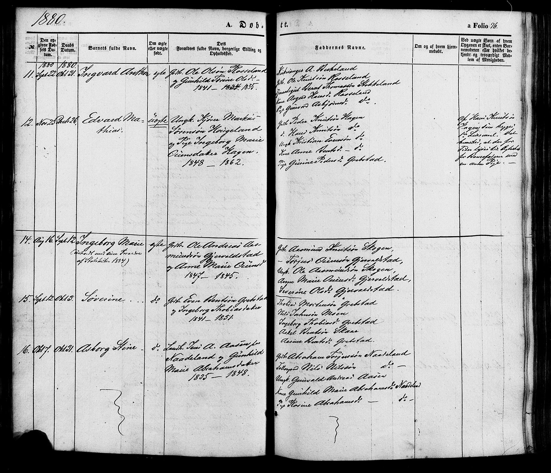 Søgne sokneprestkontor, SAK/1111-0037/F/Fa/Faa/L0002: Parish register (official) no. A 2, 1854-1882, p. 76