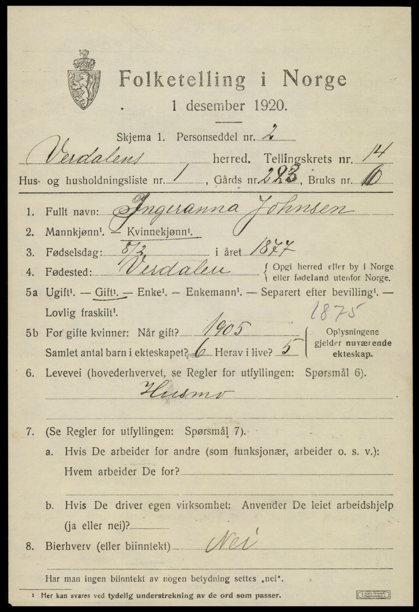 SAT, 1920 census for Verdal, 1920, p. 13665