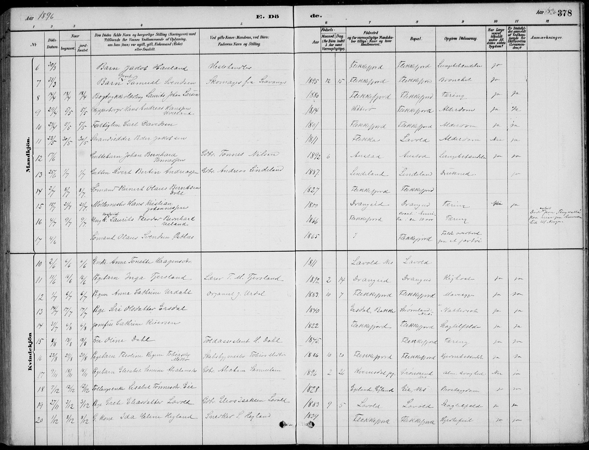 Flekkefjord sokneprestkontor, SAK/1111-0012/F/Fb/Fbc/L0007: Parish register (copy) no. B 7, 1880-1902, p. 378