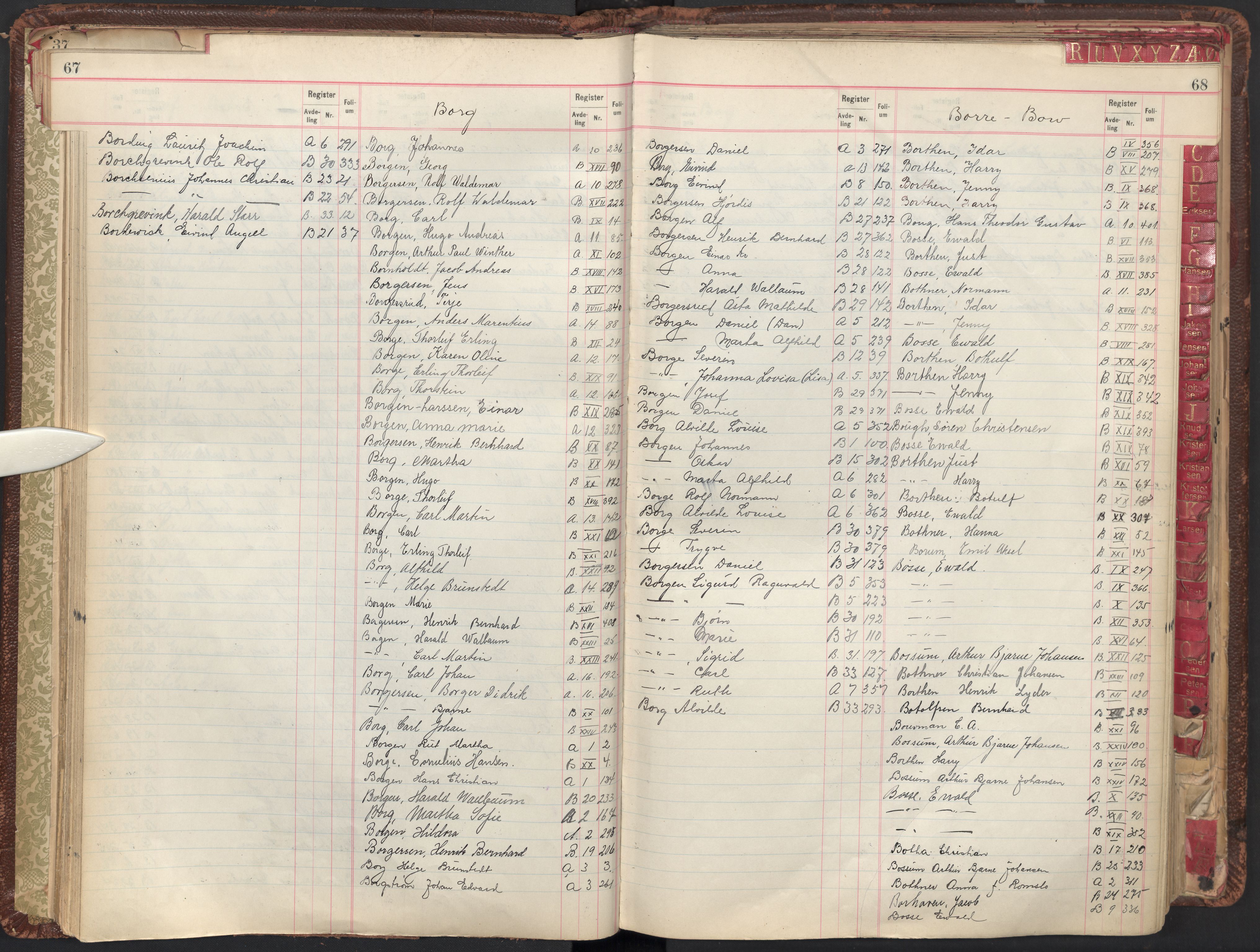 Oslo byfogd avd. II, AV/SAO-A-10942/G/Ga/Gab/L0003: Personregister: A 1-17, B 1-33, C 1-2, 1921, p. 67-68