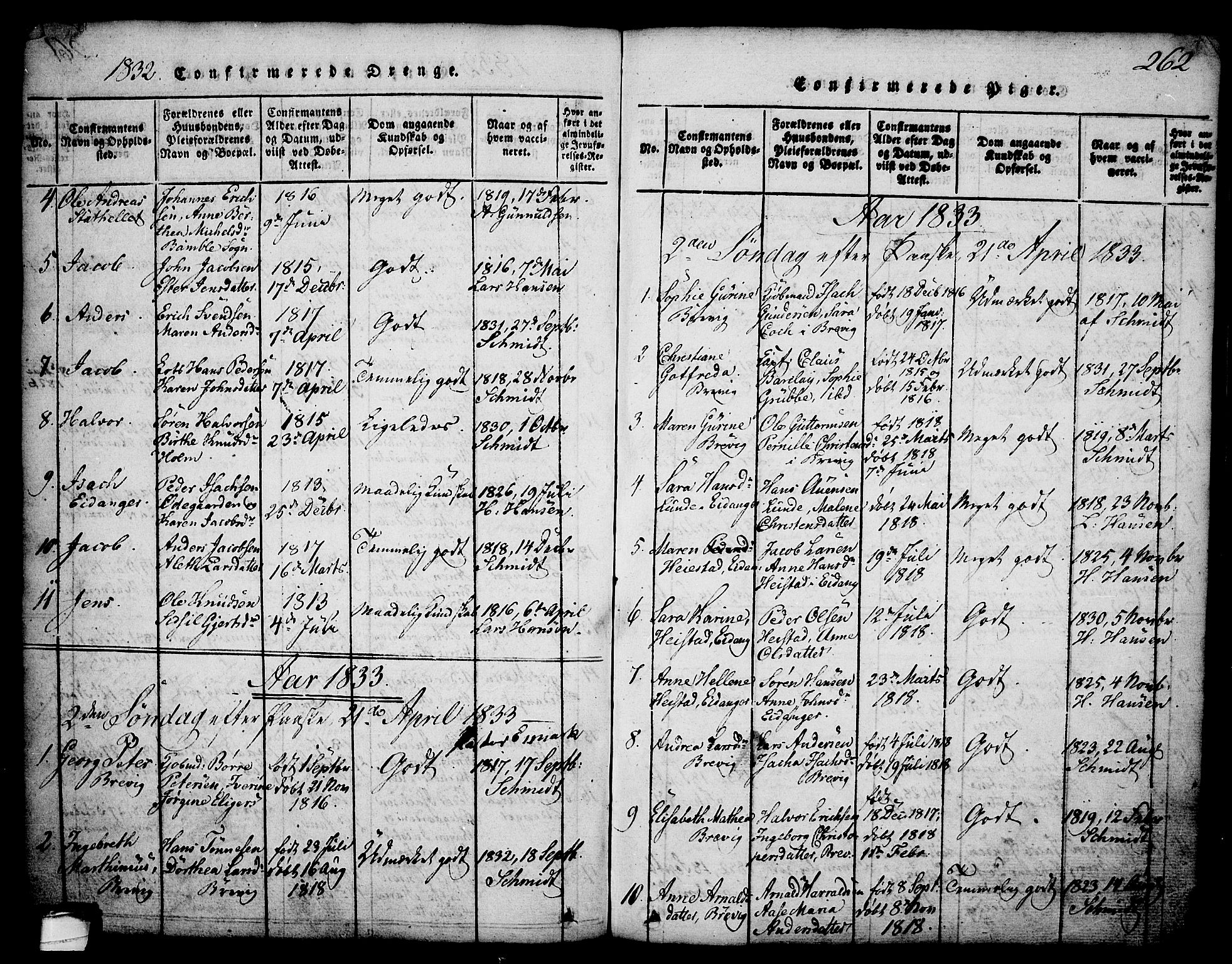 Brevik kirkebøker, SAKO/A-255/G/Ga/L0001: Parish register (copy) no. 1, 1814-1845, p. 262