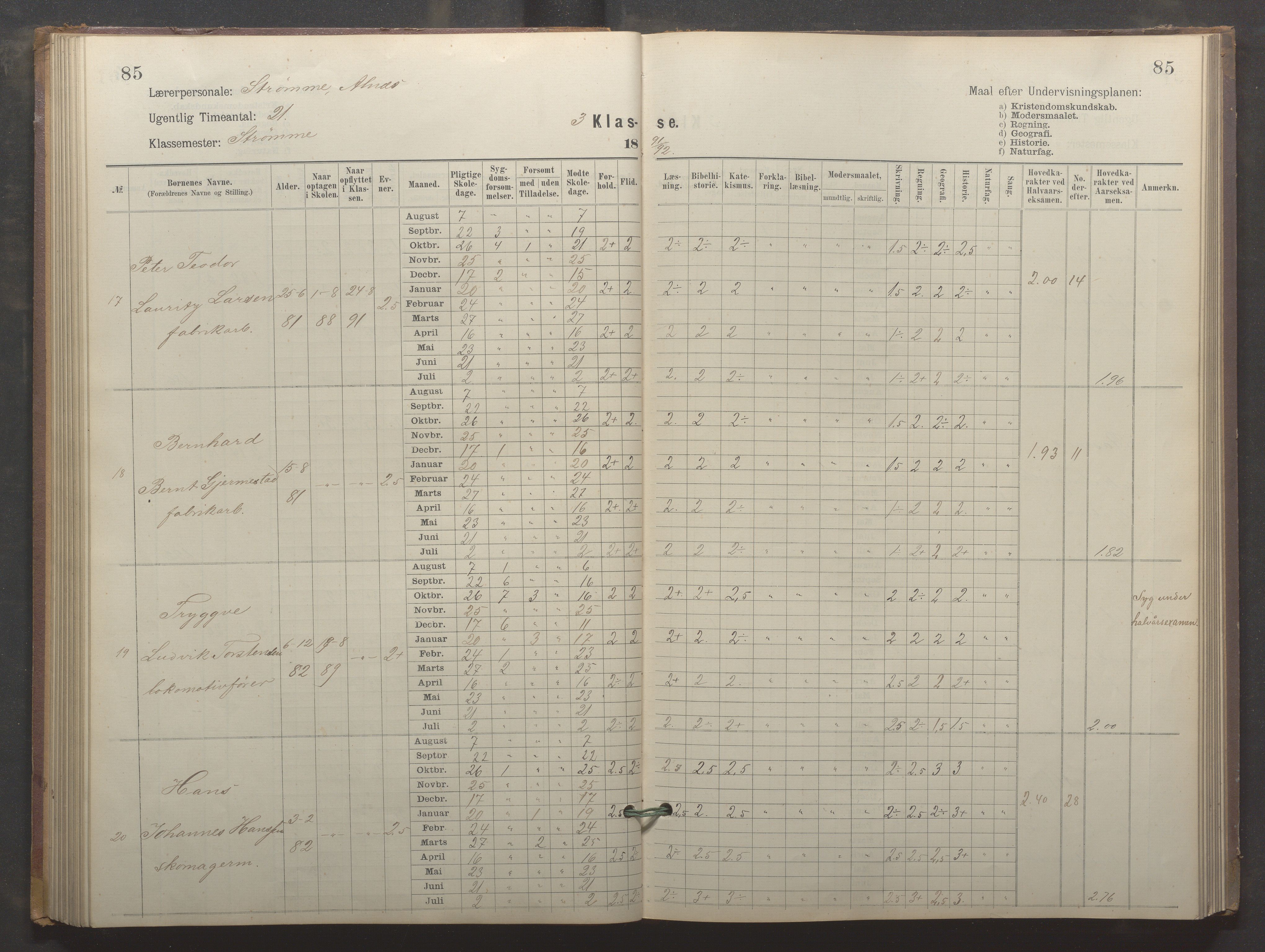 Egersund kommune (Ladested) - Egersund almueskole/folkeskole, IKAR/K-100521/H/L0024: Skoleprotokoll - Almueskolen, 3. klasse, 1887-1892, p. 85