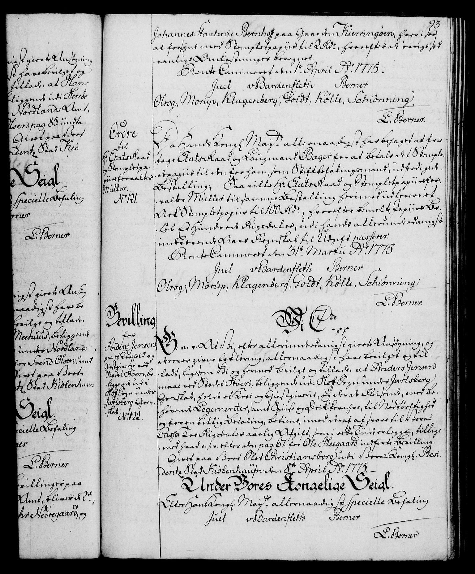 Rentekammeret, Kammerkanselliet, AV/RA-EA-3111/G/Gg/Gga/L0010: Norsk ekspedisjonsprotokoll med register (merket RK 53.10), 1773-1778, p. 93