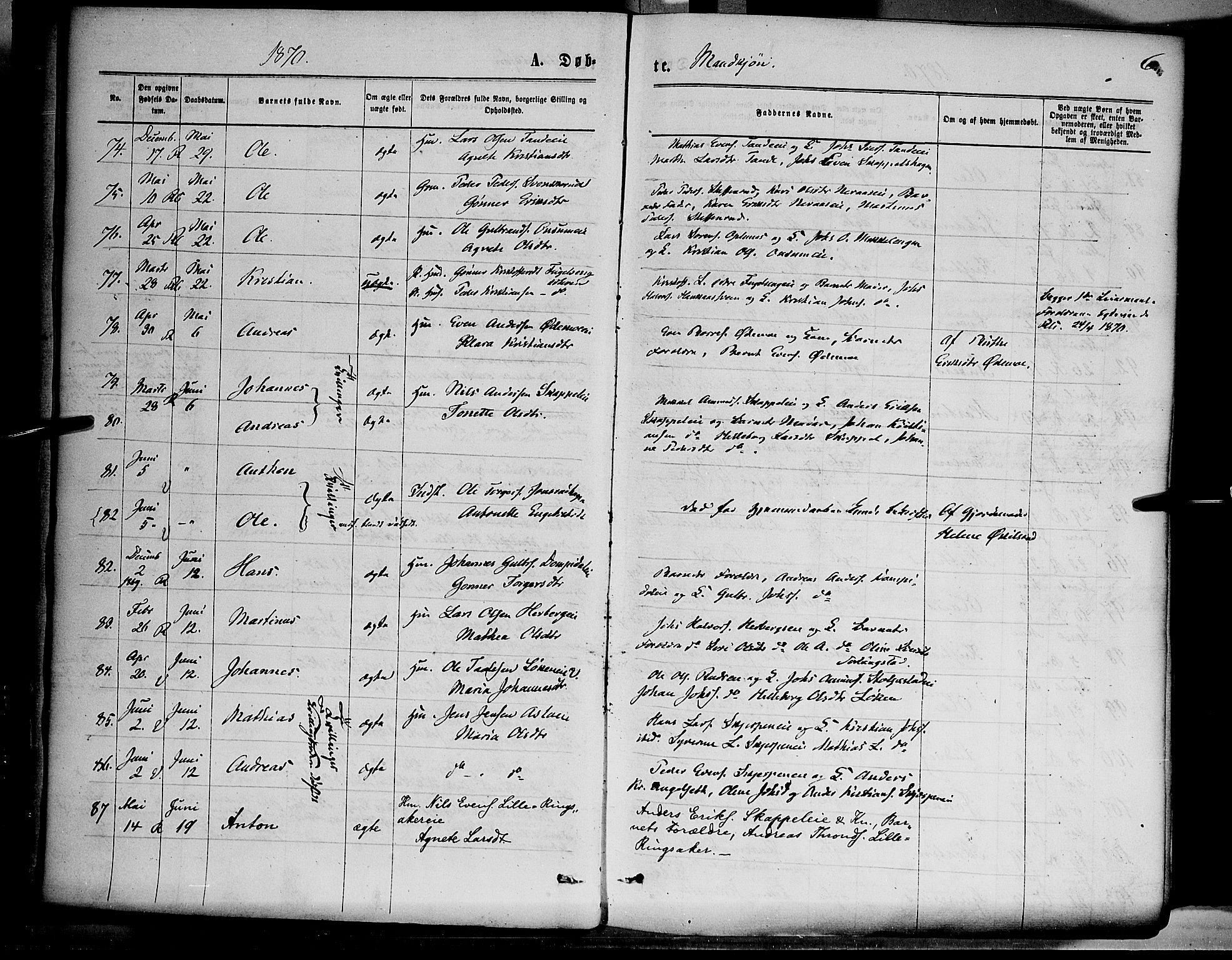 Ringsaker prestekontor, SAH/PREST-014/K/Ka/L0011: Parish register (official) no. 11, 1870-1878, p. 6