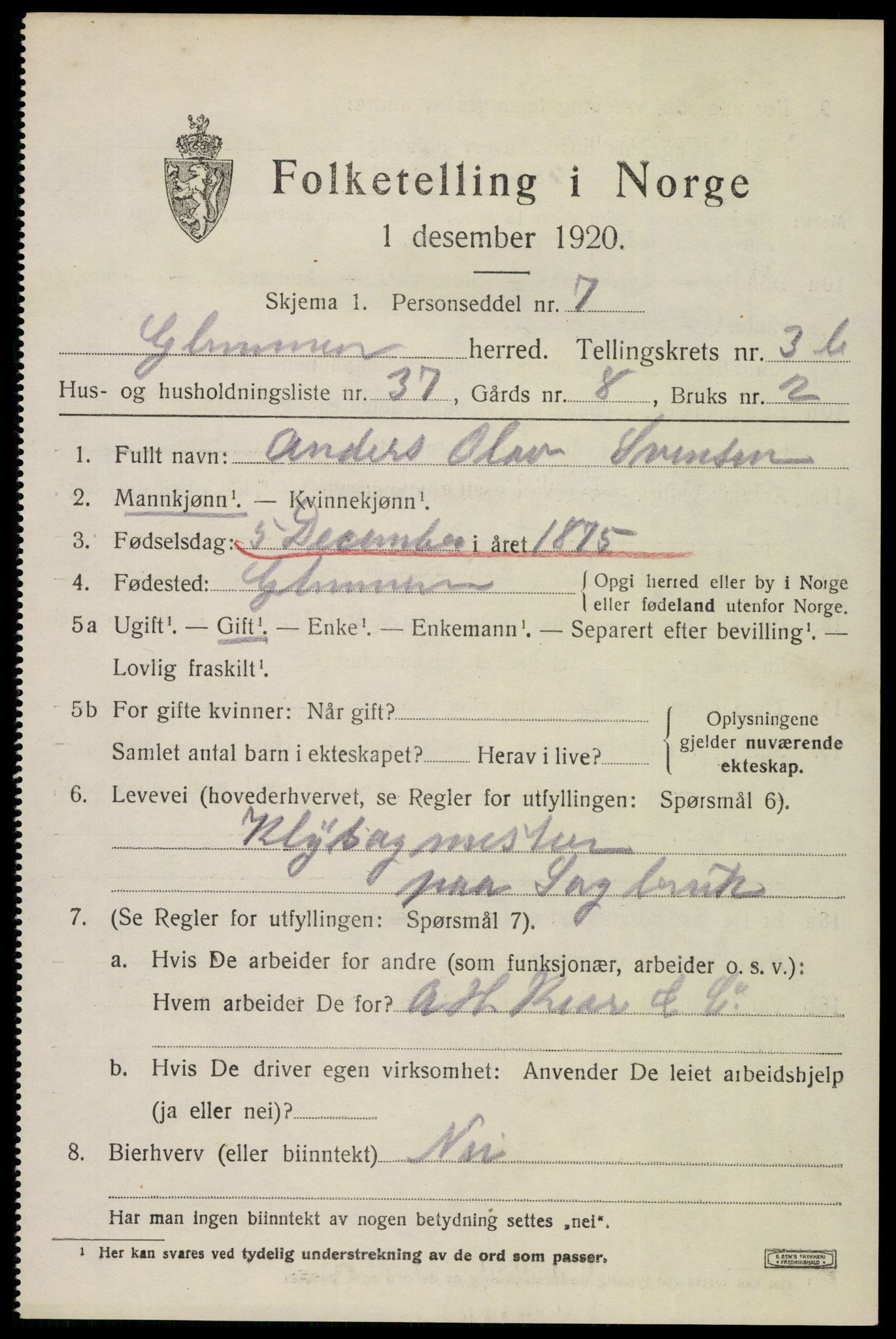 SAO, 1920 census for Glemmen, 1920, p. 9655