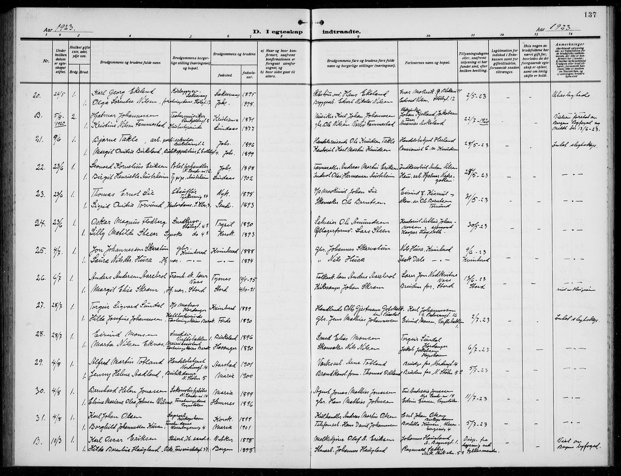 Mariakirken Sokneprestembete, AV/SAB-A-76901/H/Hab/L0010: Parish register (copy) no. A 10, 1920-1937, p. 137