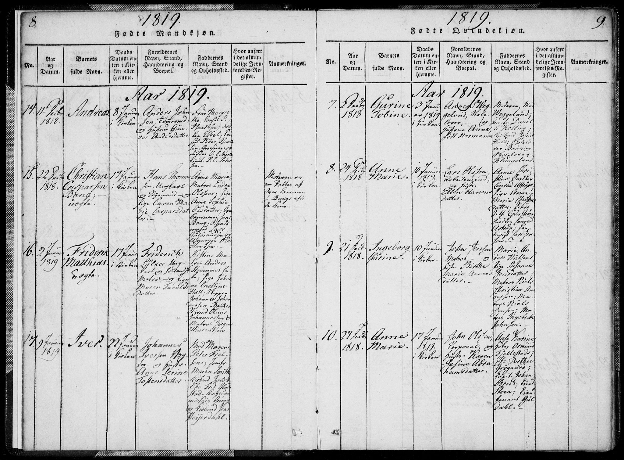 Kristiansand domprosti, SAK/1112-0006/F/Fa/L0008: Parish register (official) no. A 8, 1818-1821, p. 8-9