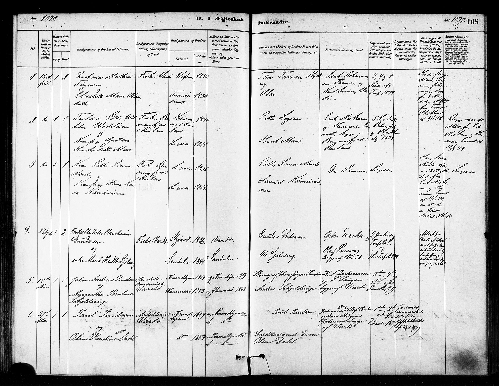 Vardø sokneprestkontor, SATØ/S-1332/H/Ha/L0006kirke: Parish register (official) no. 6, 1879-1886, p. 168