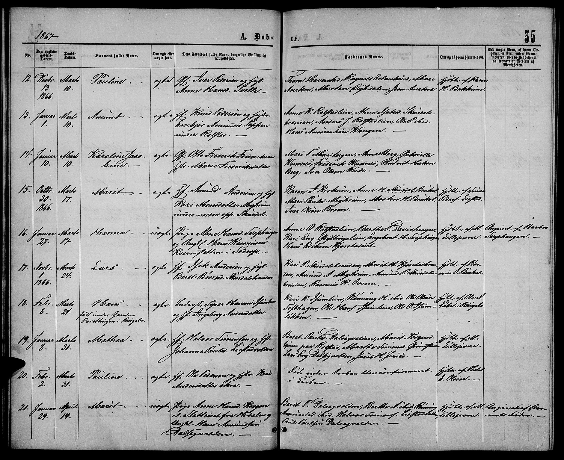 Sør-Fron prestekontor, SAH/PREST-010/H/Ha/Hab/L0002: Parish register (copy) no. 2, 1864-1883, p. 35