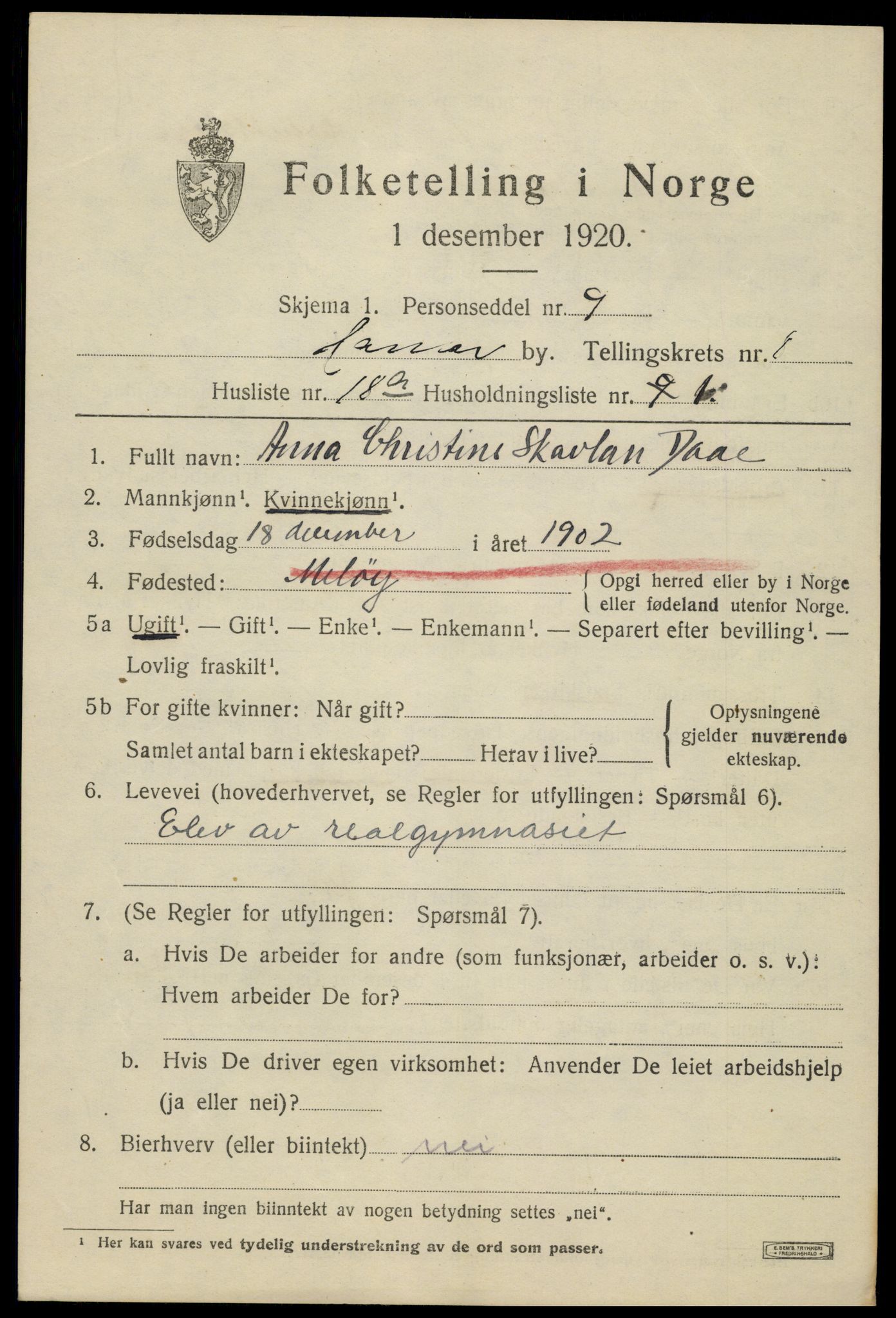 SAH, 1920 census for Hamar, 1920, p. 14907