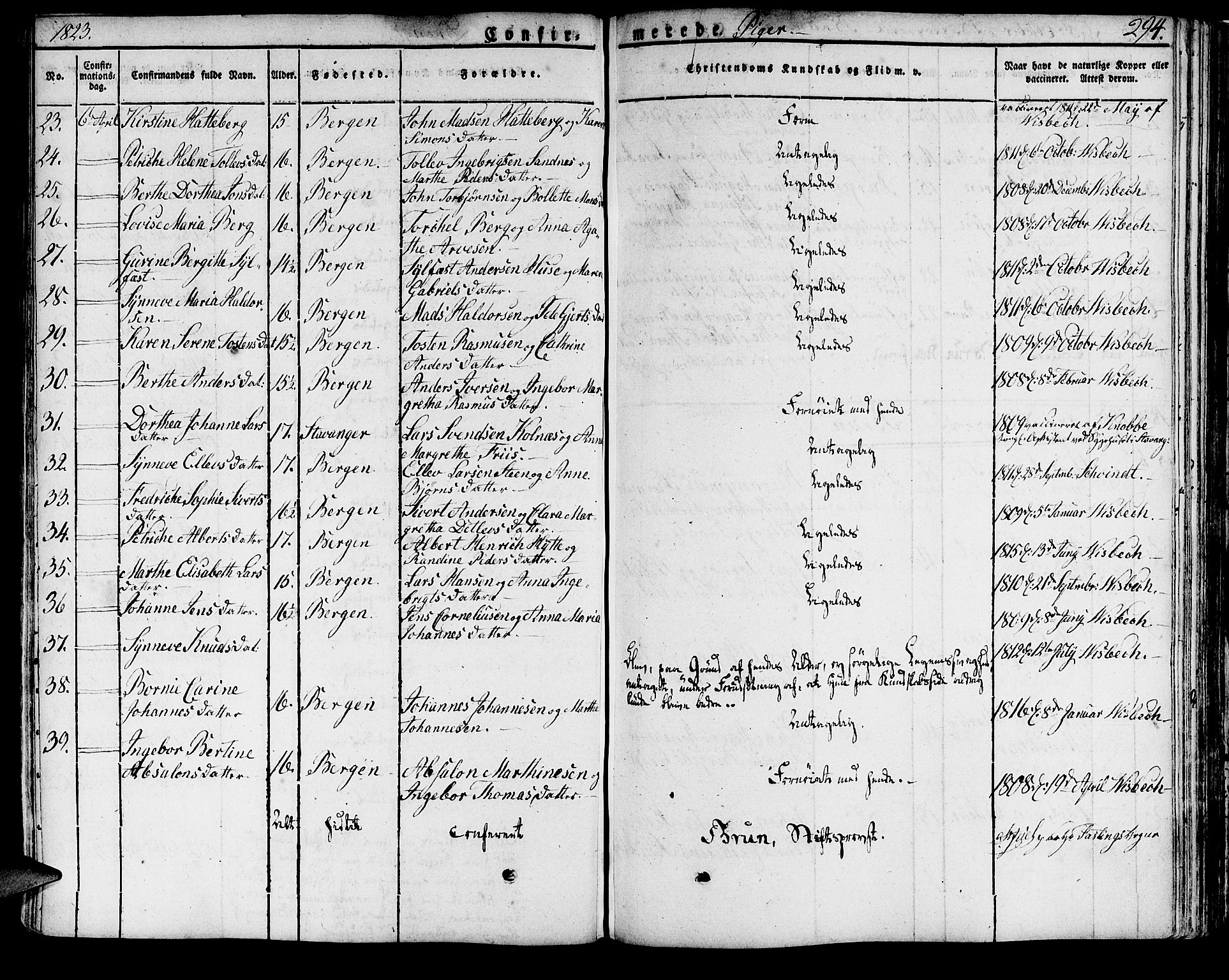 Domkirken sokneprestembete, SAB/A-74801/H/Haa/L0012: Parish register (official) no. A 12, 1821-1840, p. 294