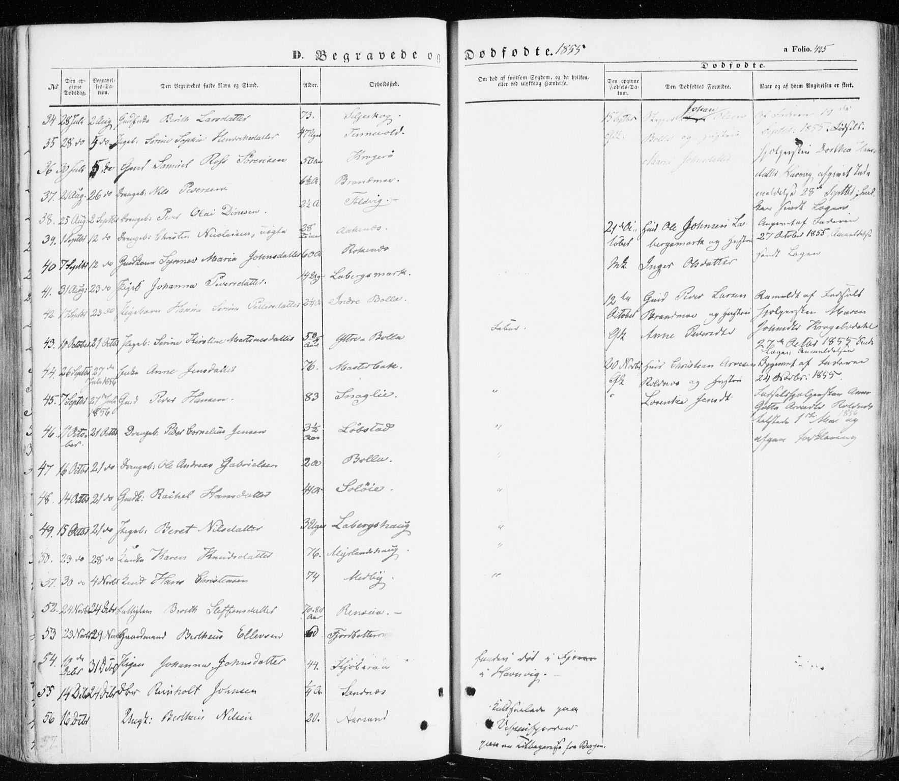 Ibestad sokneprestembete, SATØ/S-0077/H/Ha/Haa/L0008kirke: Parish register (official) no. 8, 1850-1859, p. 425