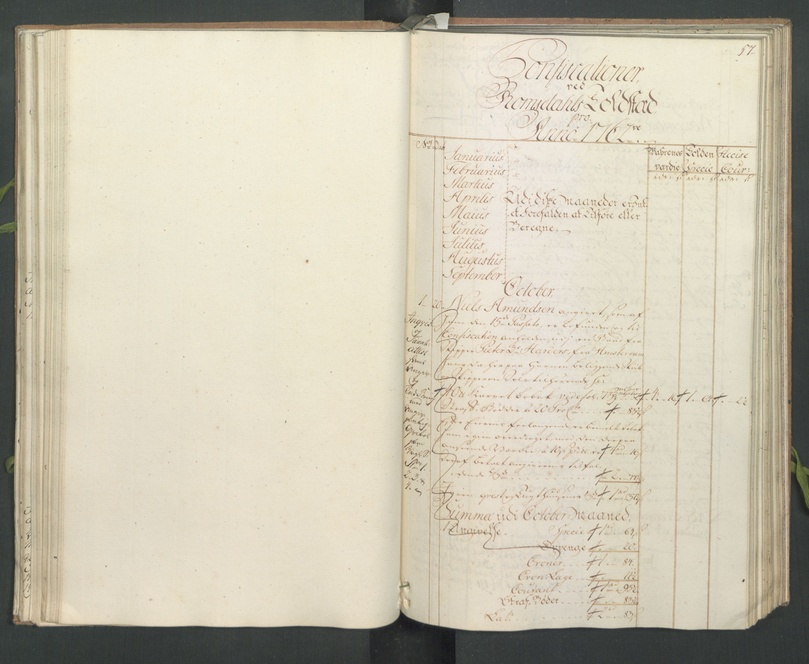 Generaltollkammeret, tollregnskaper, RA/EA-5490/R31/L0023/0001: Tollregnskaper Molde / Hovedtollbok, 1762, p. 56b-57a