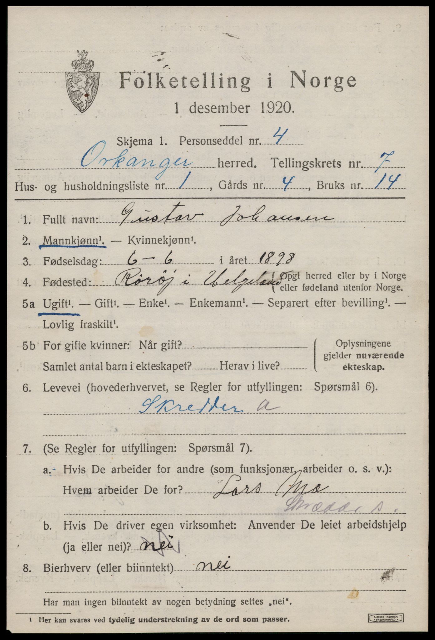 SAT, 1920 census for Orkanger, 1920, p. 3487