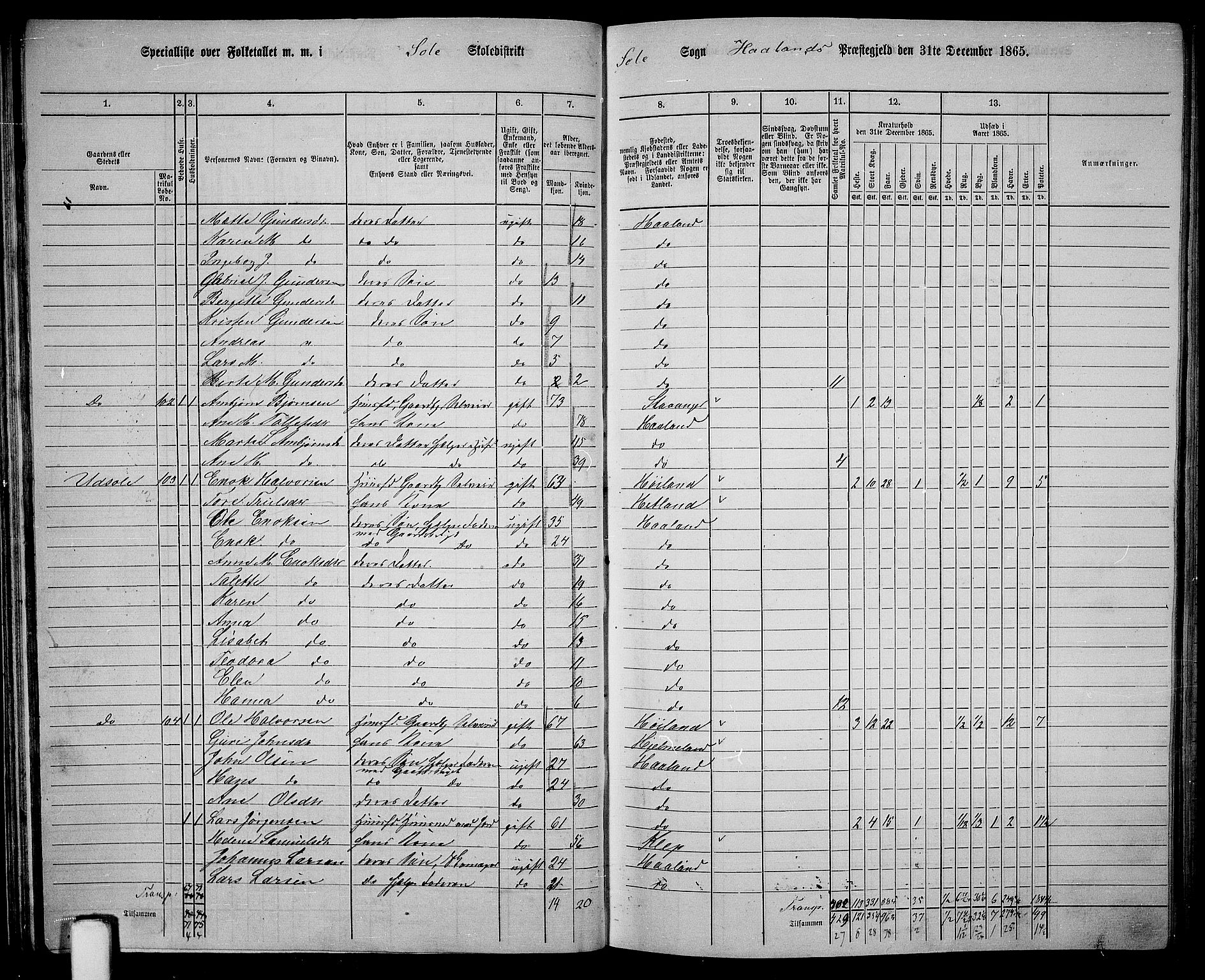 RA, 1865 census for Håland, 1865, p. 50