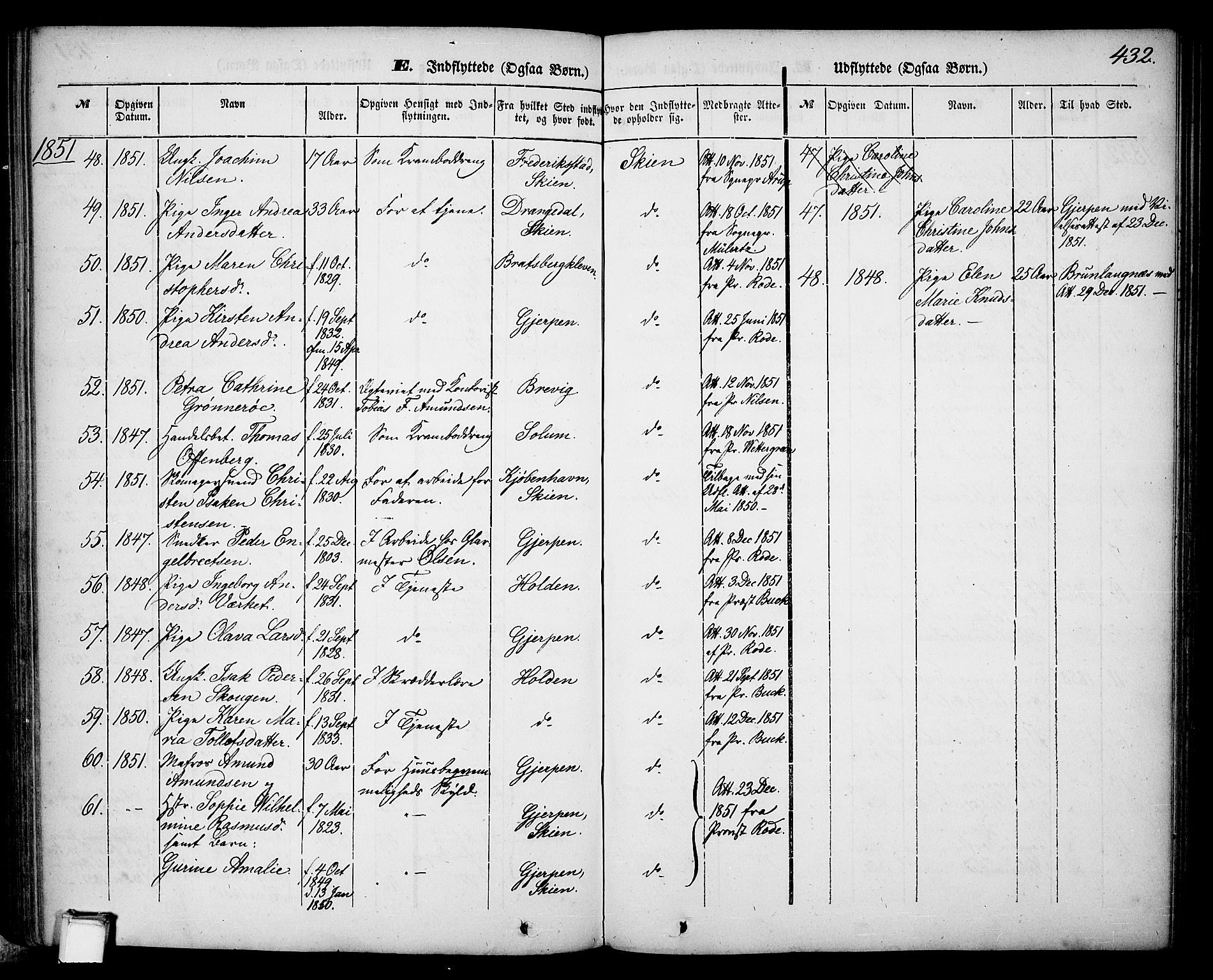 Skien kirkebøker, SAKO/A-302/G/Ga/L0004: Parish register (copy) no. 4, 1843-1867, p. 432