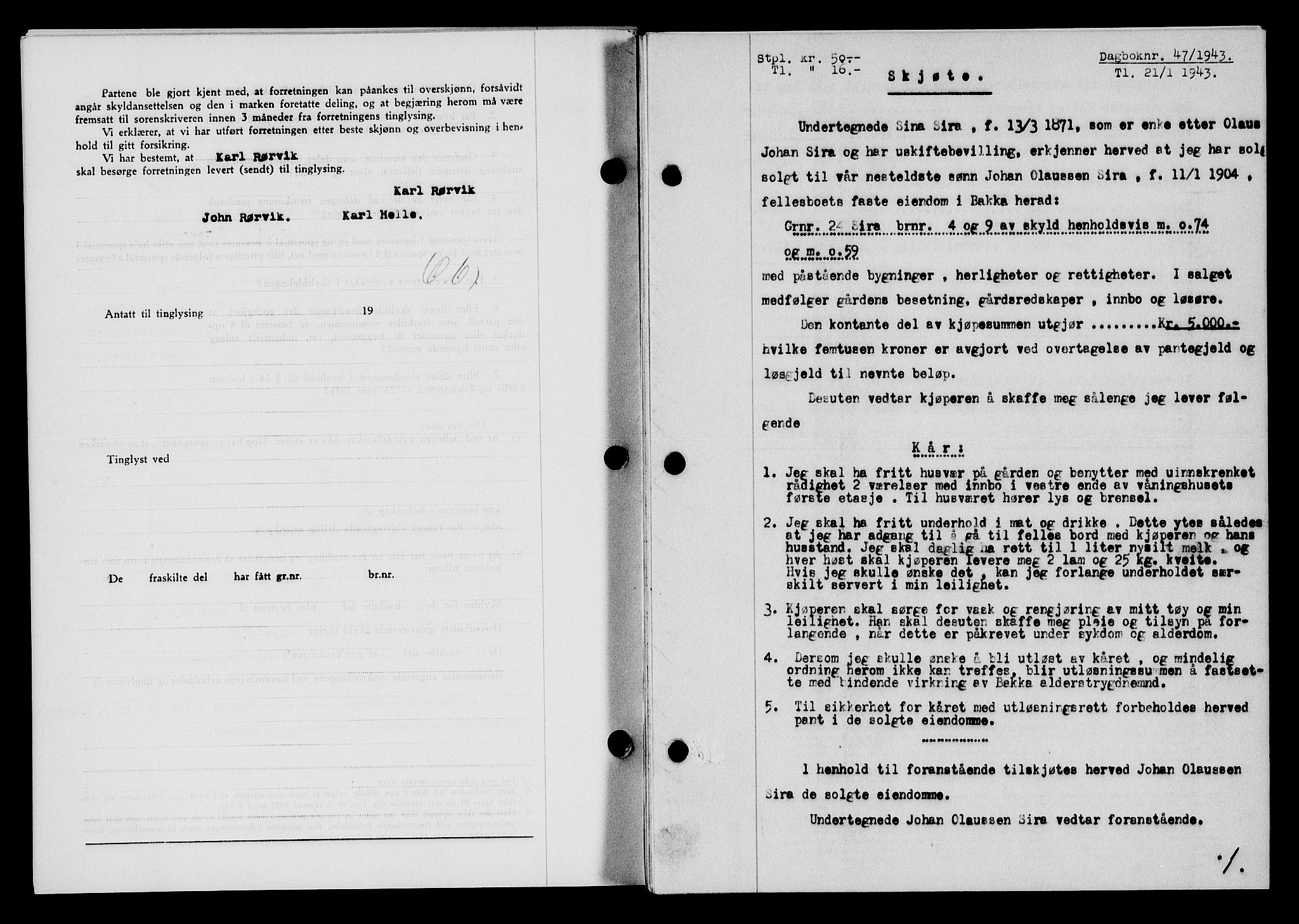 Flekkefjord sorenskriveri, SAK/1221-0001/G/Gb/Gba/L0058: Mortgage book no. A-6, 1942-1944, Diary no: : 47/1943