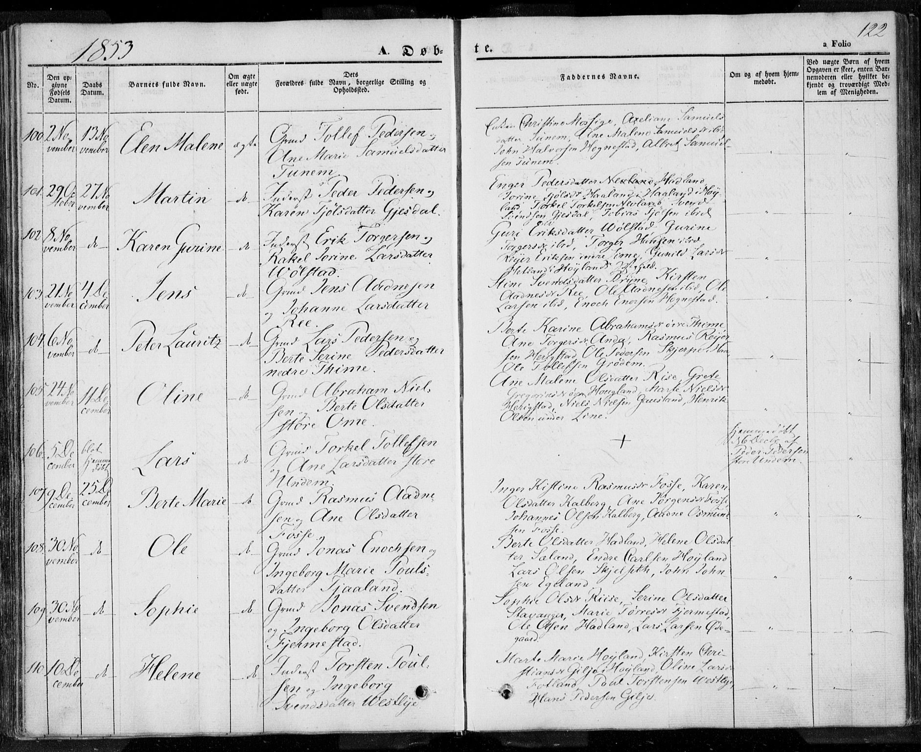 Lye sokneprestkontor, AV/SAST-A-101794/001/30BA/L0005: Parish register (official) no. A 5.1, 1842-1855, p. 122