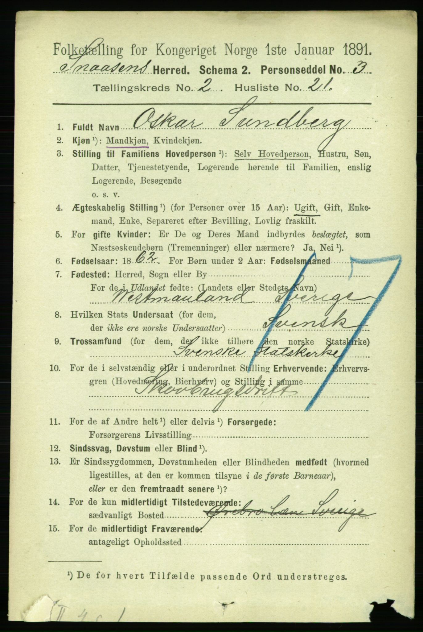 RA, 1891 census for 1736 Snåsa, 1891, p. 565