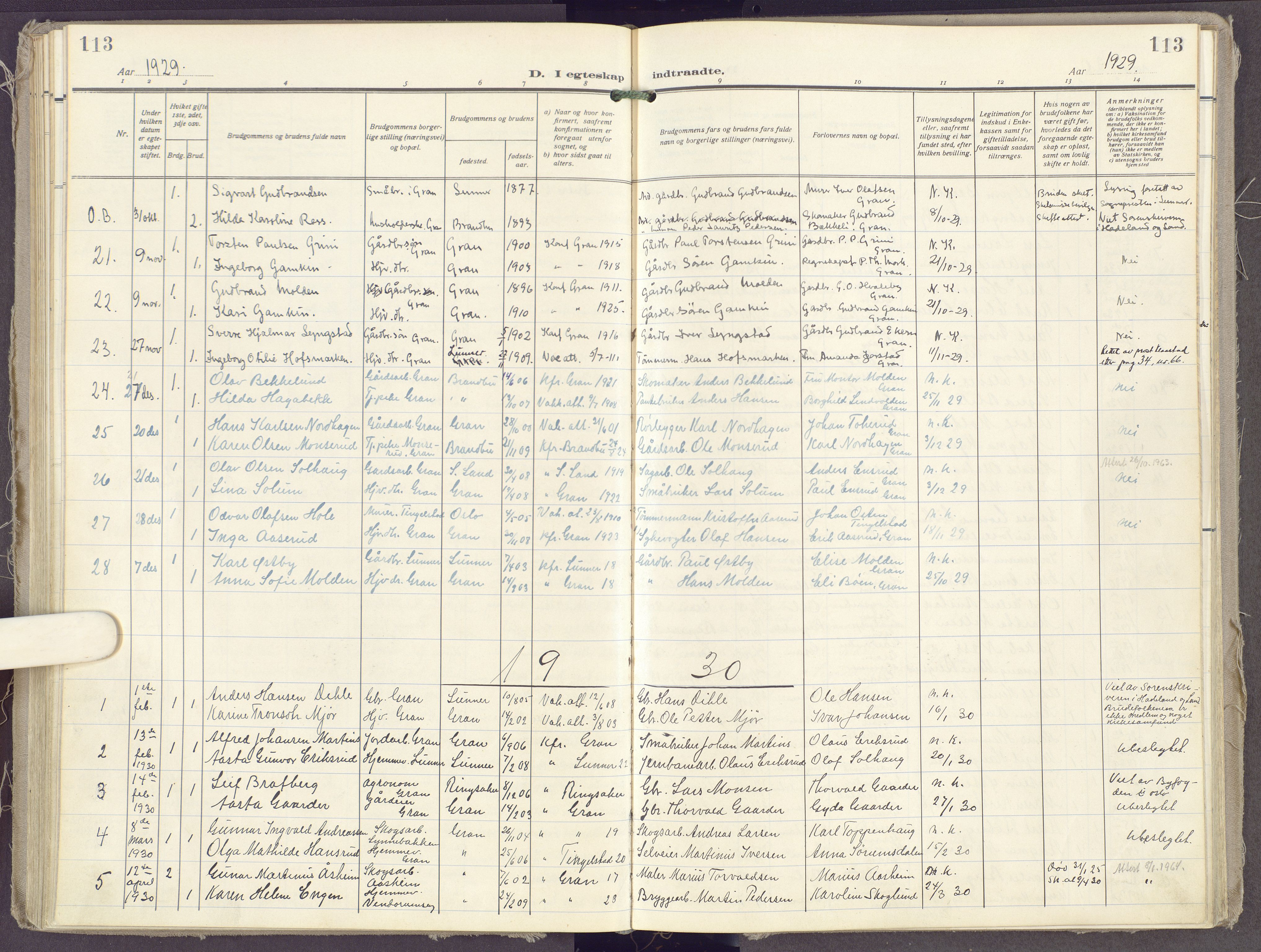Gran prestekontor, AV/SAH-PREST-112/H/Ha/Haa/L0023: Parish register (official) no. 23, 1919-1938, p. 113