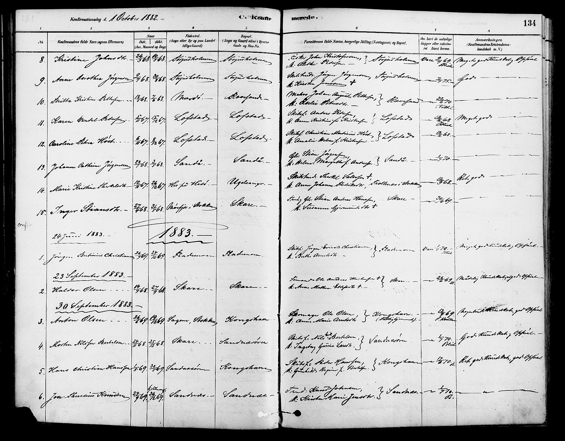 Tromøy sokneprestkontor, AV/SAK-1111-0041/F/Fa/L0009: Parish register (official) no. A 9, 1878-1896, p. 134