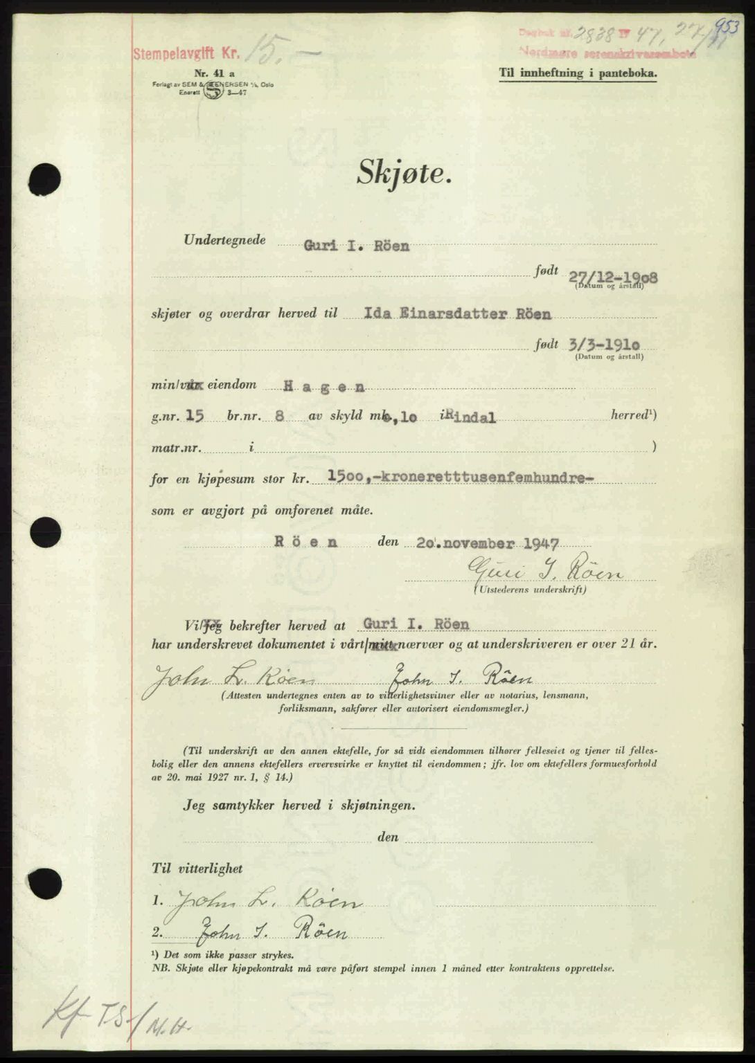 Nordmøre sorenskriveri, AV/SAT-A-4132/1/2/2Ca: Mortgage book no. A106, 1947-1947, Diary no: : 2838/1947