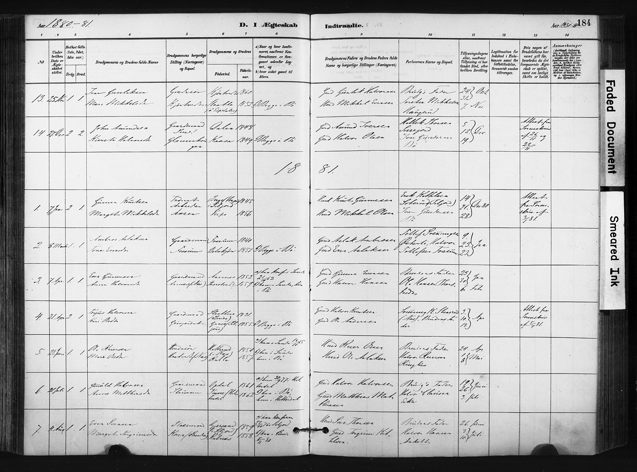 Bø kirkebøker, SAKO/A-257/F/Fa/L0010: Parish register (official) no. 10, 1880-1892, p. 184